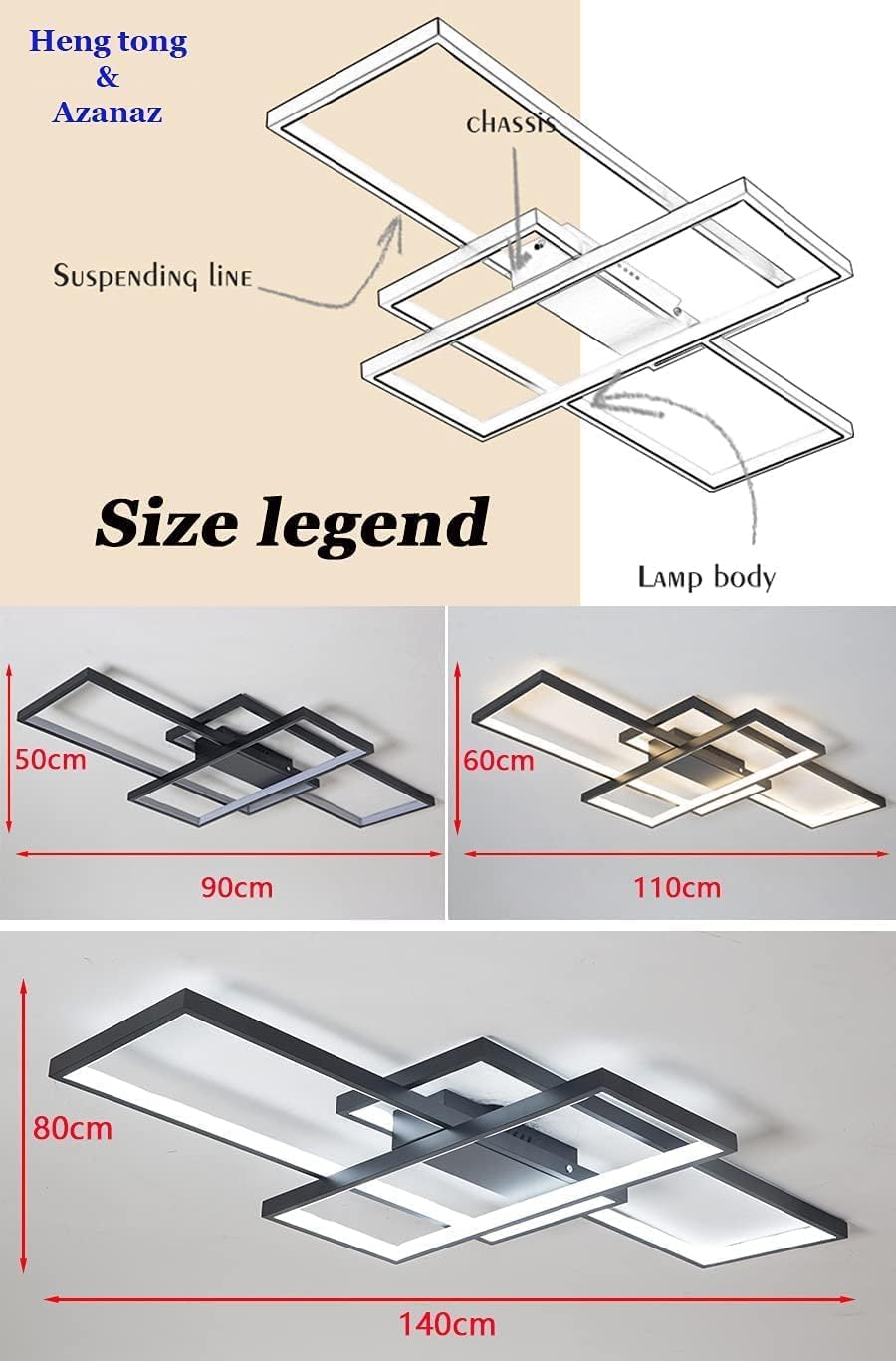 Plafón LED simple techo moderno lámpara salón de techo atmósfera rectangular focos lámpara de cama de aluminio acrílico reflectores regulable continuo con mando a distancia, negro, 140 cm de longitud