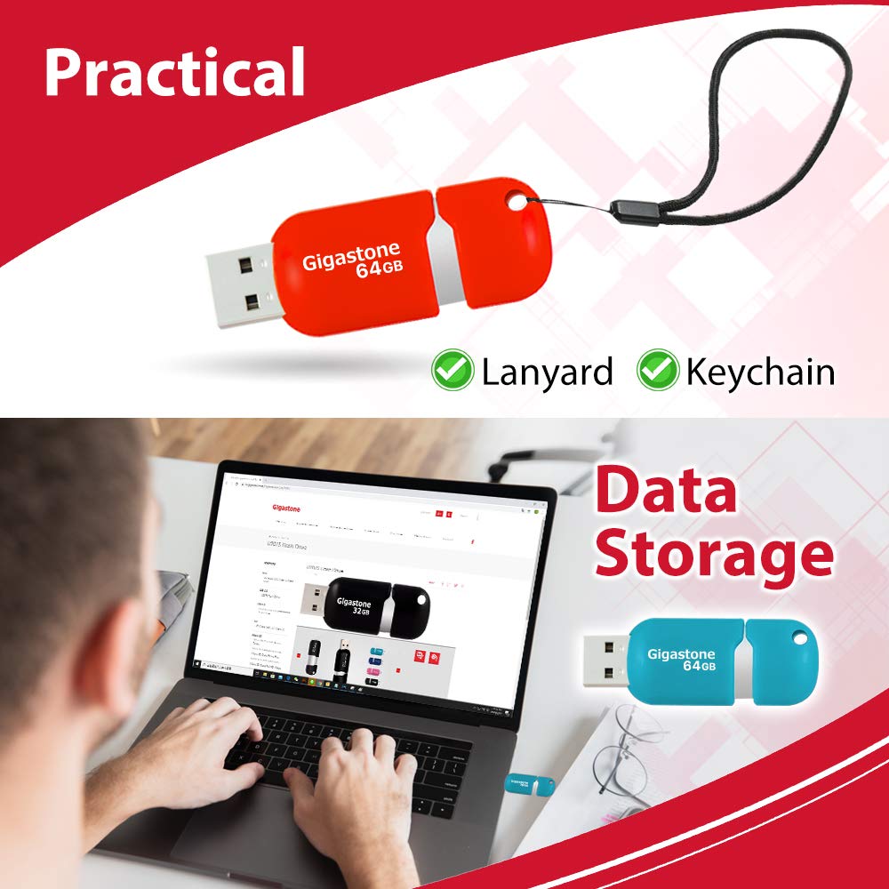 GIGASTONE 64Go Clé USB Flash (Lot de 5) V10 USB 2.0, Haute Vitesse, Design Coulissant sans Capuchon, Stockage et Sauvegarde pour PC/Mac/TV/Voiture - Orange/Bleu