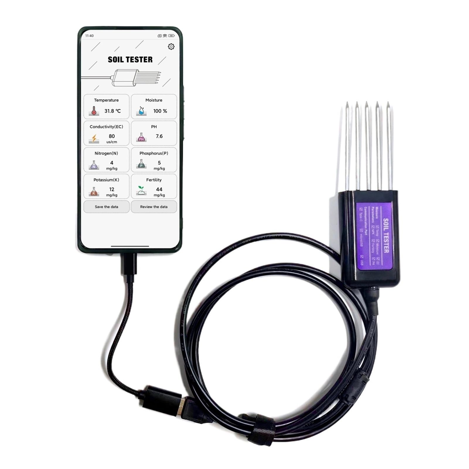Misuratore di Terreno Sensore for Terreno 8 in 1 NPK EC umidità Temperatura PH Misuratore NPK con App Data Logger Tester for Terreno Ricaricabile Tramite USB(Tin Box Packaging)