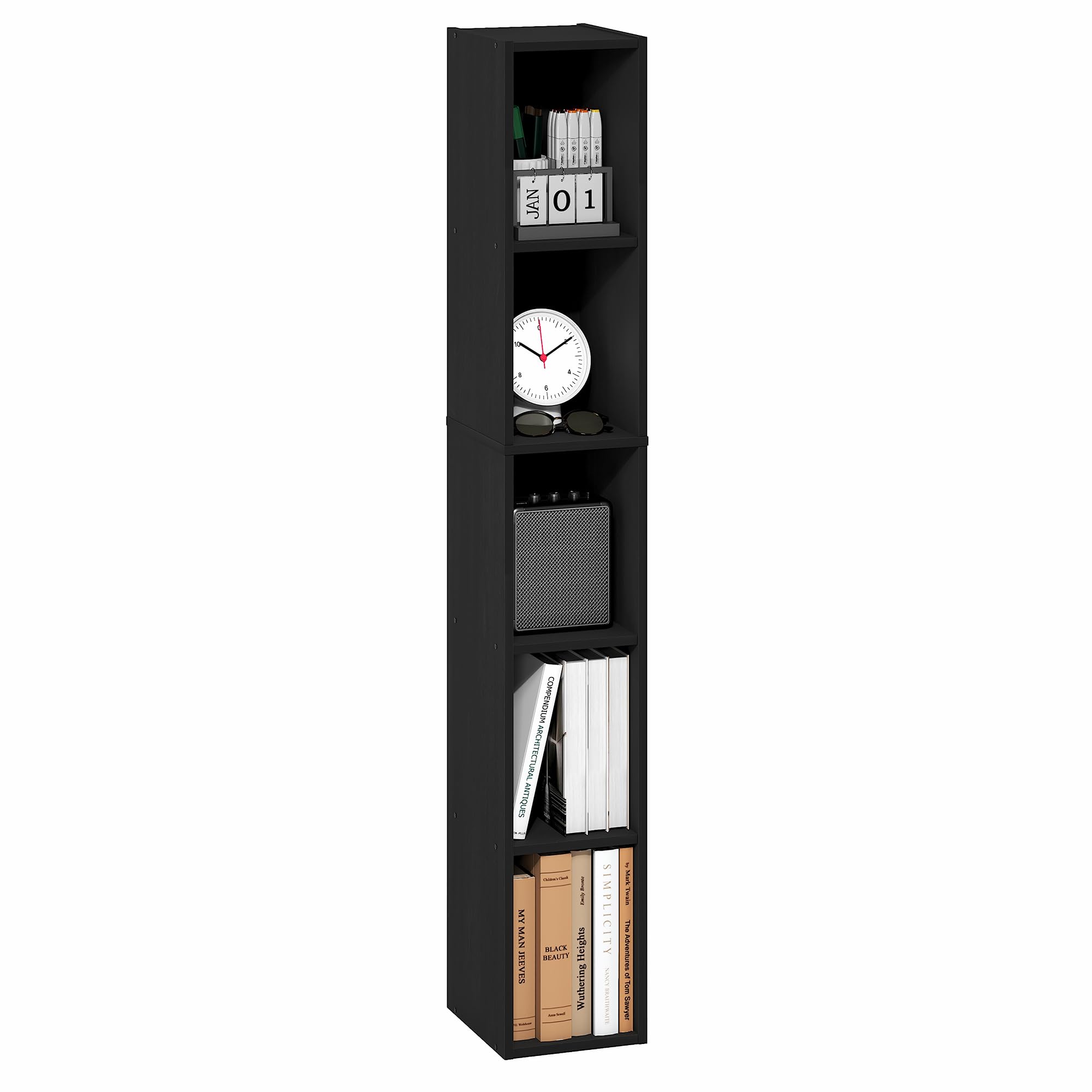 Furinno FULDA 5-Tier Tall Narrow Bookshelf, Standing Bookcase with 20.3 cm Width Storage Shelf, 23.6 x 20.1 x 131.8 cm, for Organization Storage, for Living Room, Bedroom, Home Office, Blackwood