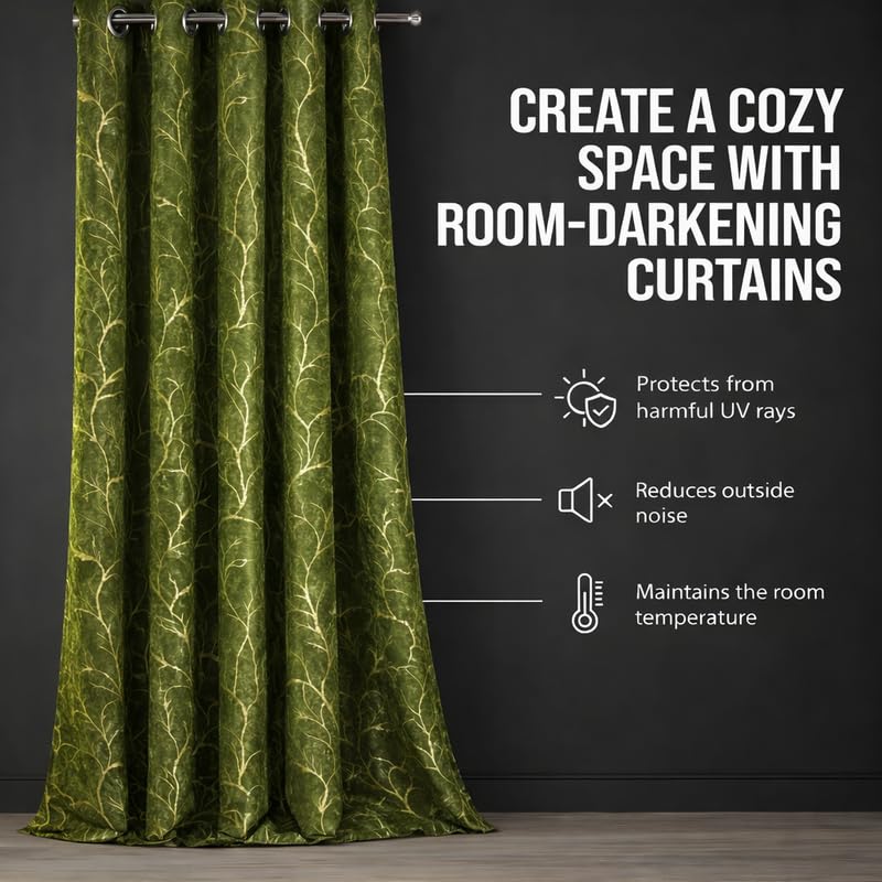 Image of Bilji Pattern Velvet 9 Feet Blackout Curtain Panels, 70% Light-Blocking Heavy Thermal Insulated Drapes Golden Foil Set of 1 (274 * 121cm, Green)