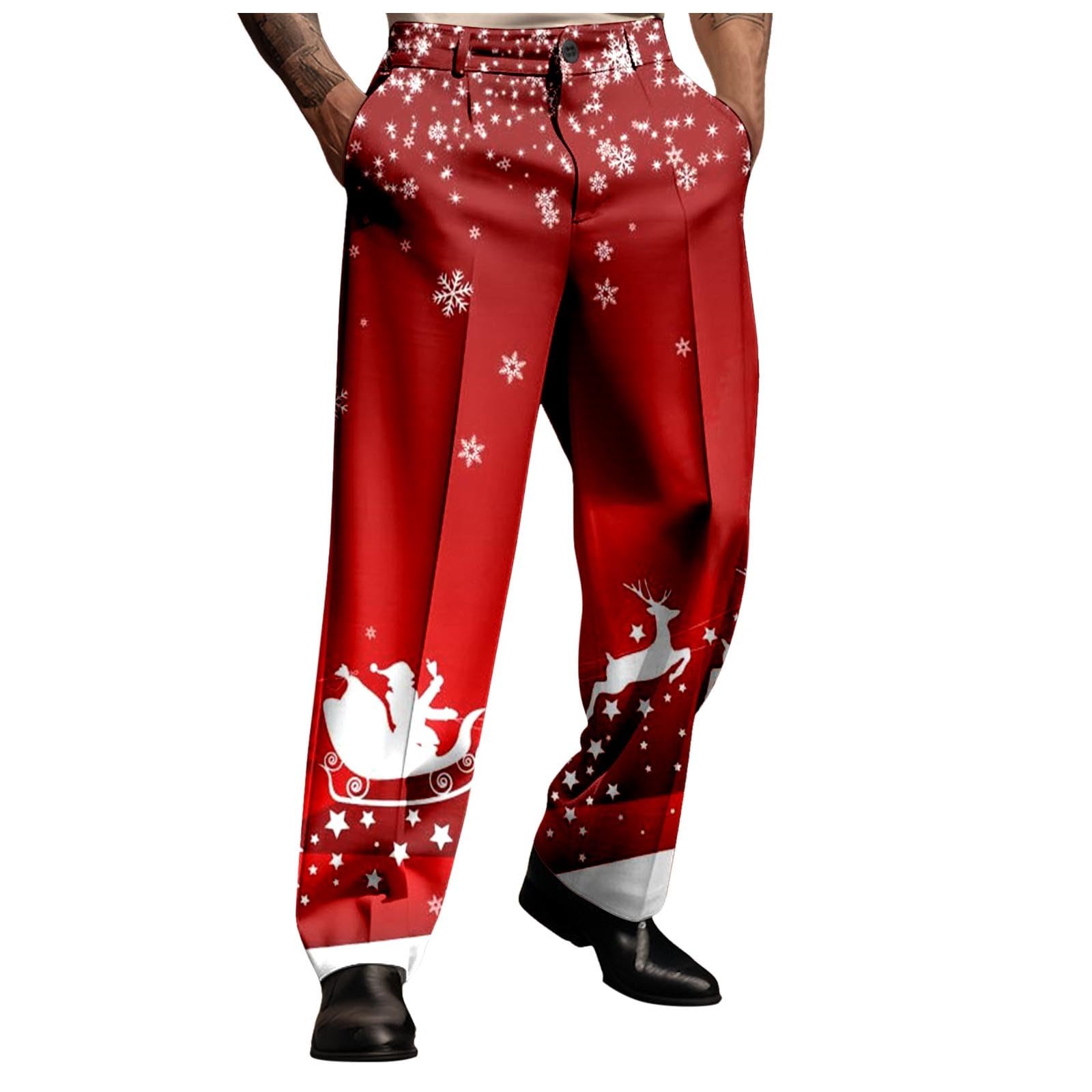 Christmas Dress Pants for Mens Xmas Tree Snowflake Print Looes Fit Flat Front Business Suit Trousers with Pockets