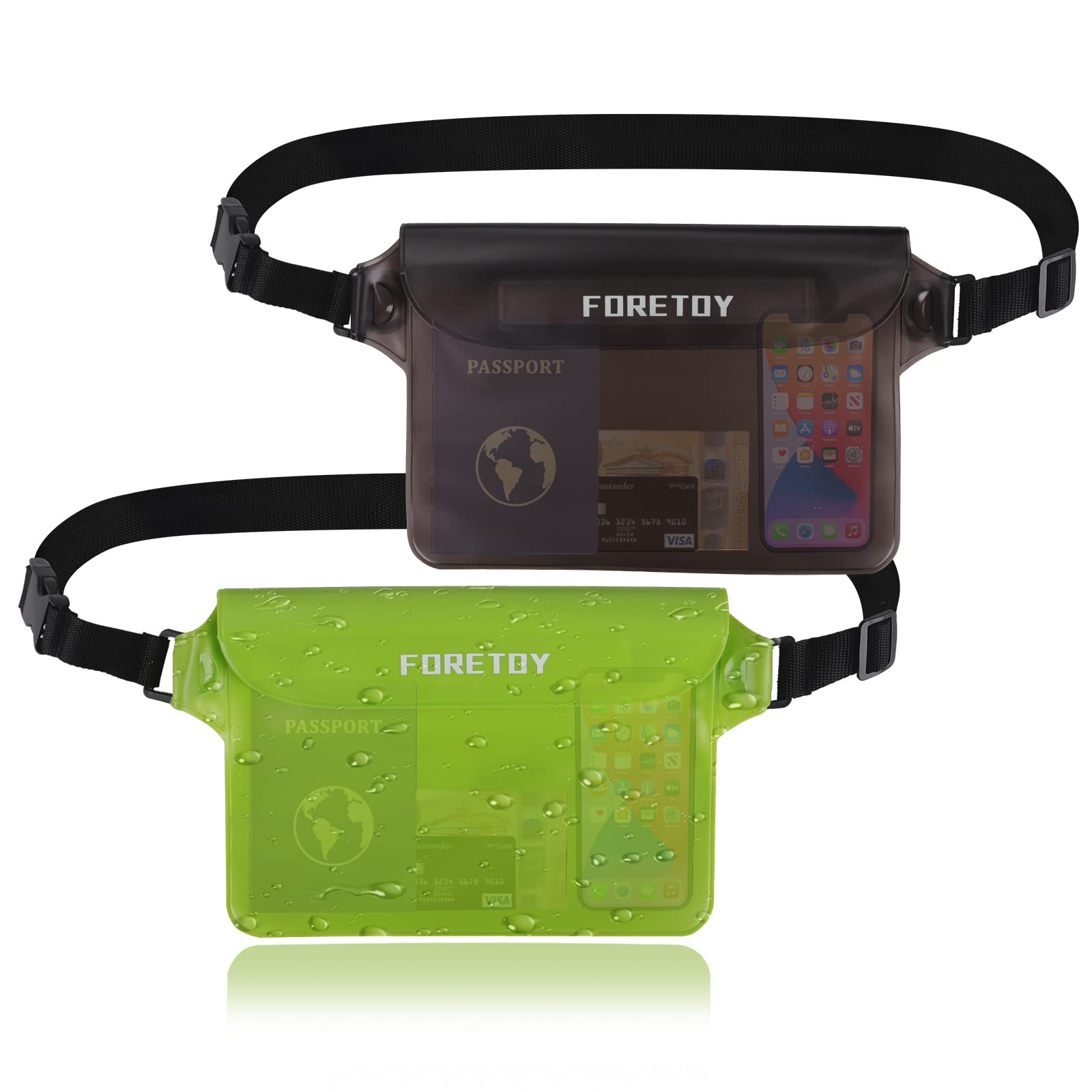 FORETOY 2 Pack Bolsa Impermeable, Riñonera Impermeable al Agua con cinturón Ajustable, Bolsa estanca Impermeable IP68 para Deportes Acuatica, Playa, Natación, Conducción, Kayak, Mar etc