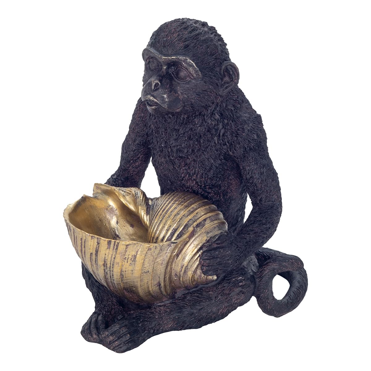 ROCKING GIFTS Pequeña Figura Decorativa Mono con Cuenco Dorado, Resina Dorada, Vaciabolsillos para Entrada Recibidor Original y, Decoración Entrada Recibidor y Salón, 16 cm