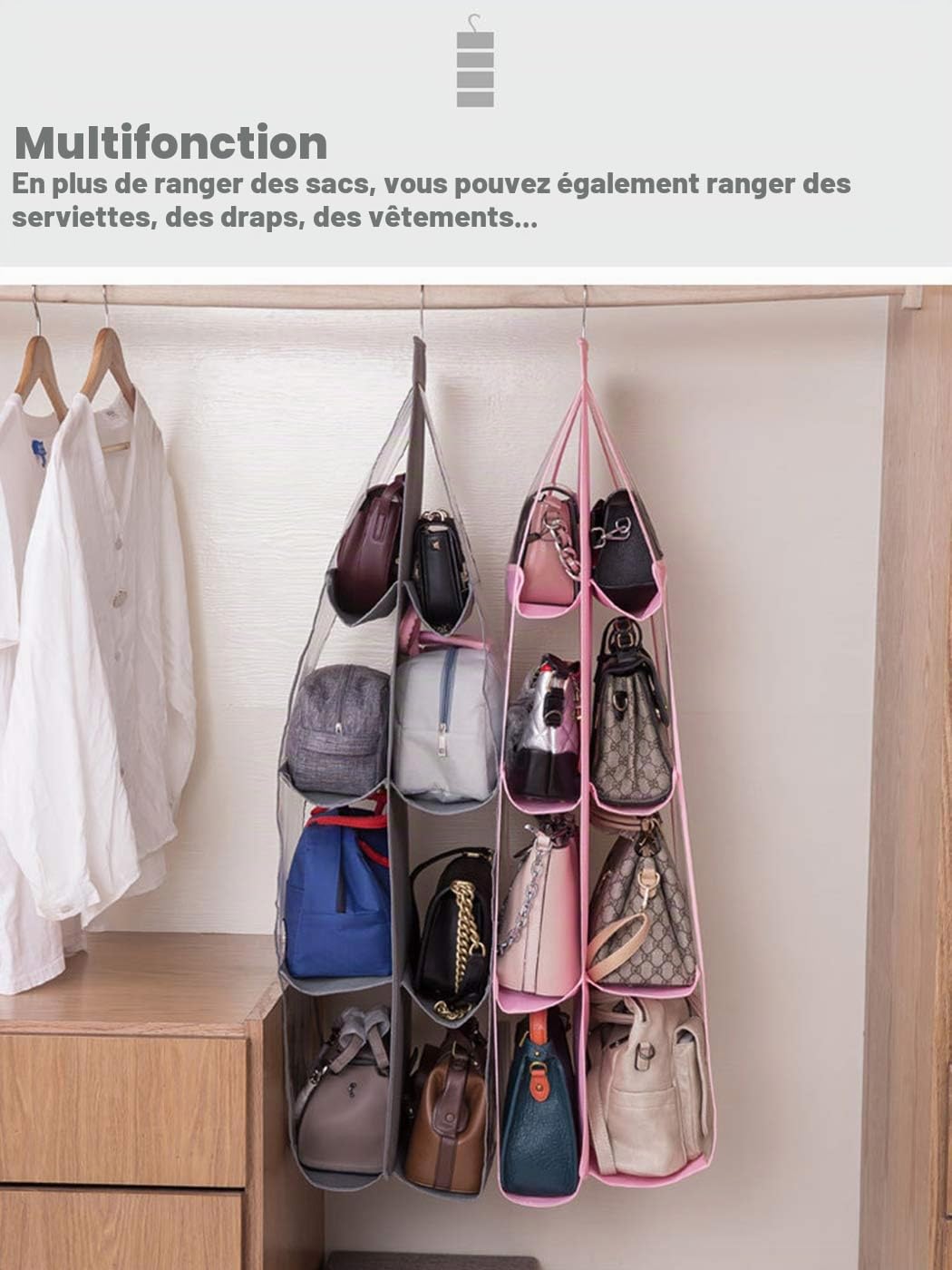 AARAINBOW Organiseur de sac à main en fibre de polyester respirant et PVC, 8 poches accessibles, rangement economisant l'espace pour placard, lavable, 46 L x 13,8 W (D-Rose)
