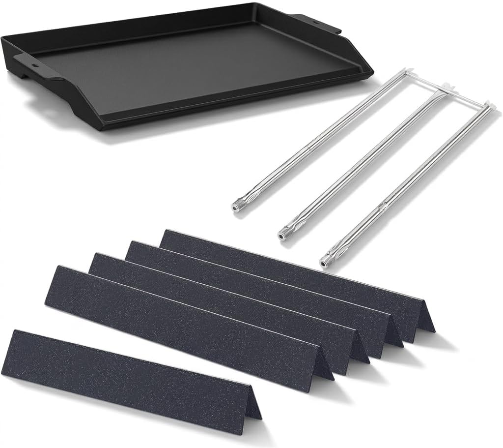 QuliMetal Cast Iron Griddle for Gas Grill, 24.5" Flavorizer Bars & SUS304 34.5" Grill Burners for Weber Genesis 300 Series – Fits E310, E320, S310, S320 (Side Control Panels)