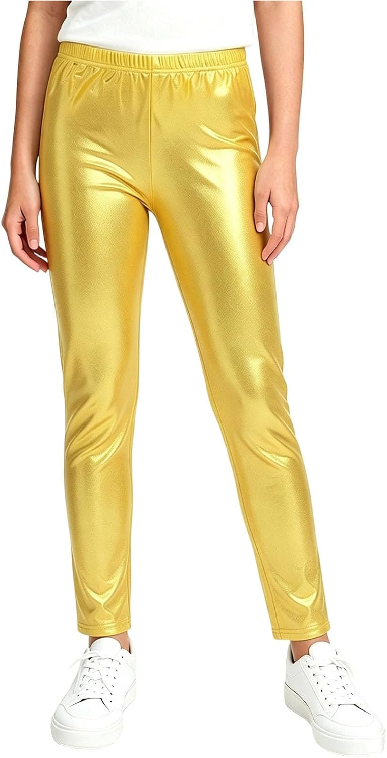 Oplxuo Girls Metallic Leggings Elastic Waist Shiny Stretch Skinny Pants
