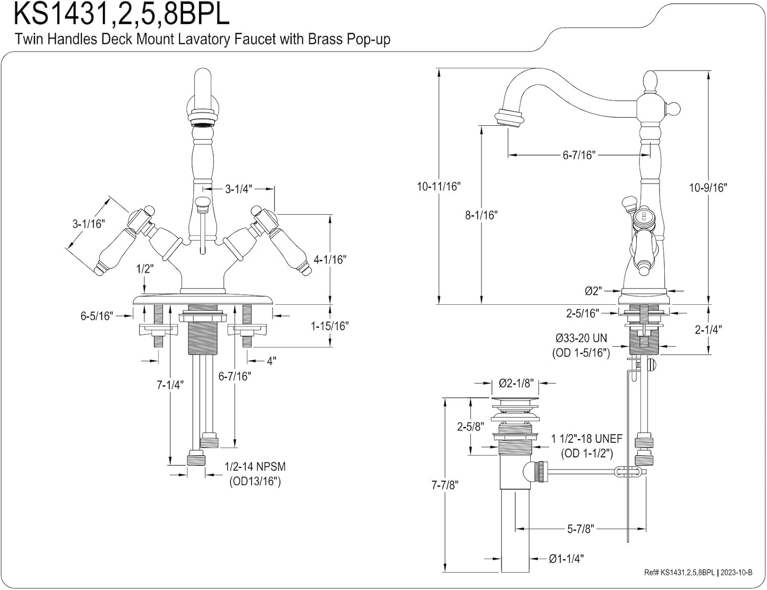 Kingston Brass KS1435BPL Bel-Air Two-Handle Bathroom Faucet with Brass Pop-Up and Cover Plate, Oil Rubbed Bronze