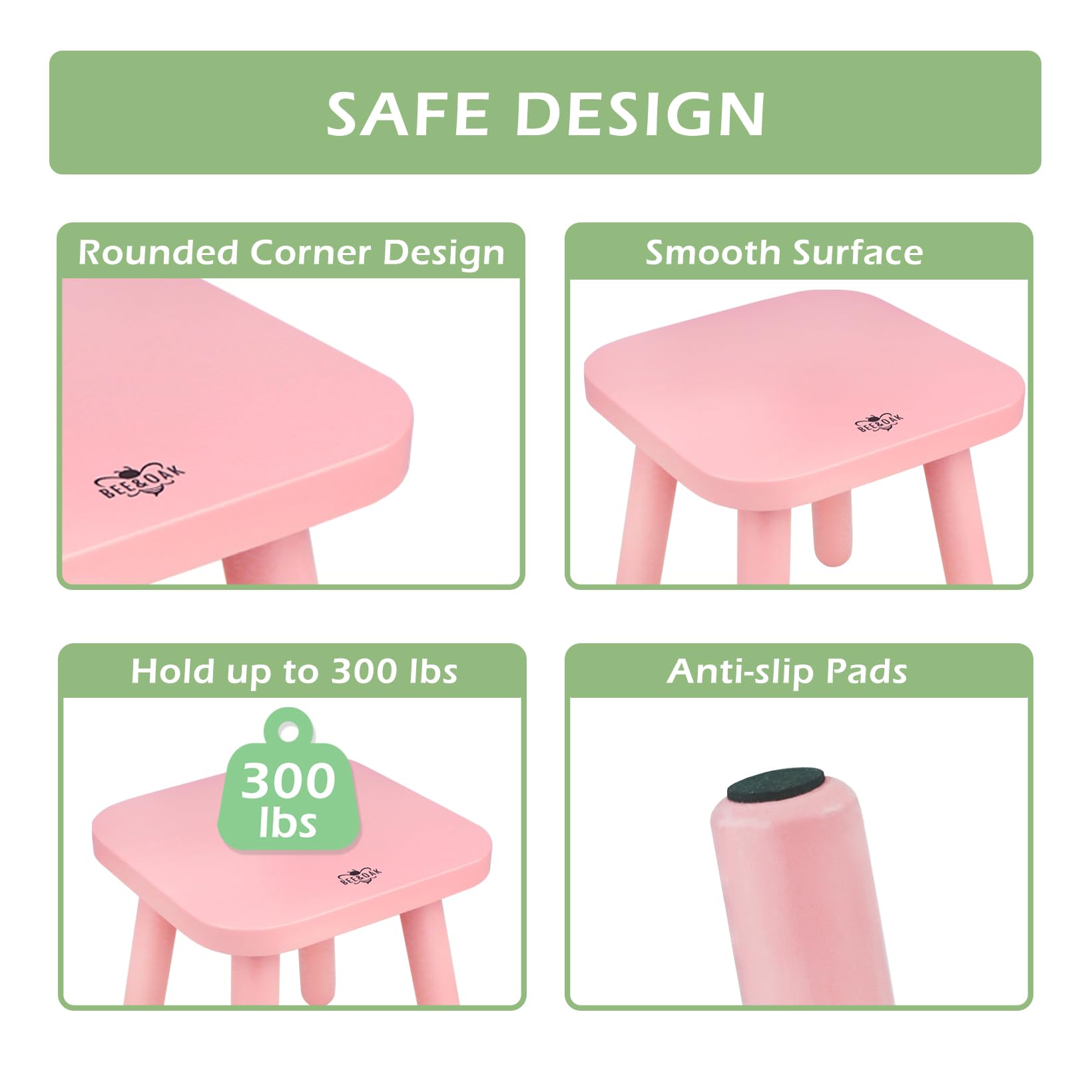 BEE&OAK Wooden Step Stools for Adults, Solid Rubber Wood Non-Slip Step Foot Stool, Heavy Duty 300 lbs One Step Stool for Bedroom, Bathroom, Kitchen (Pink, 9.25" (D) x 9.25"(W) x 8.86"(H))