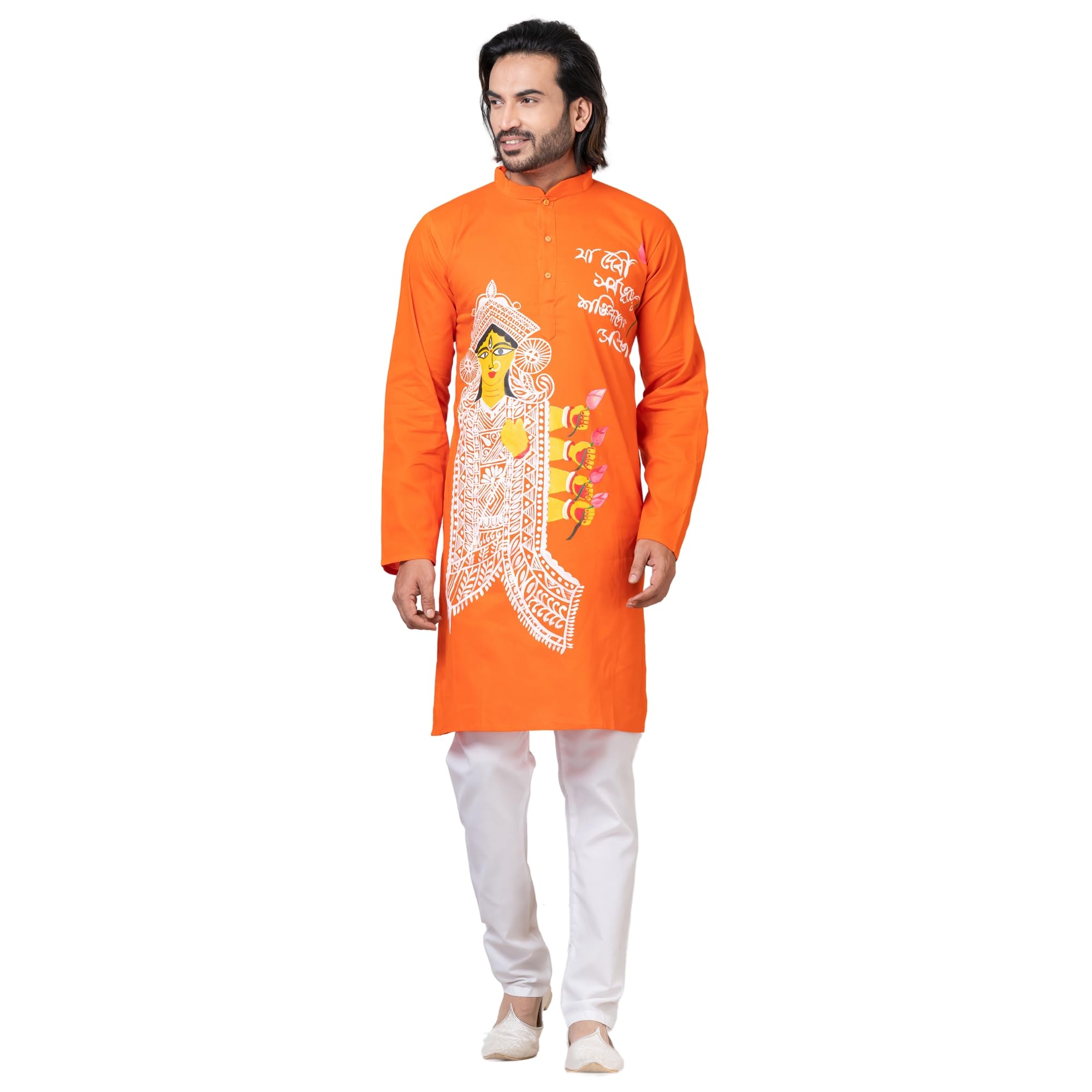 Traditional Durga Puja Special Orange Cotton Kurta for Men-picture-24