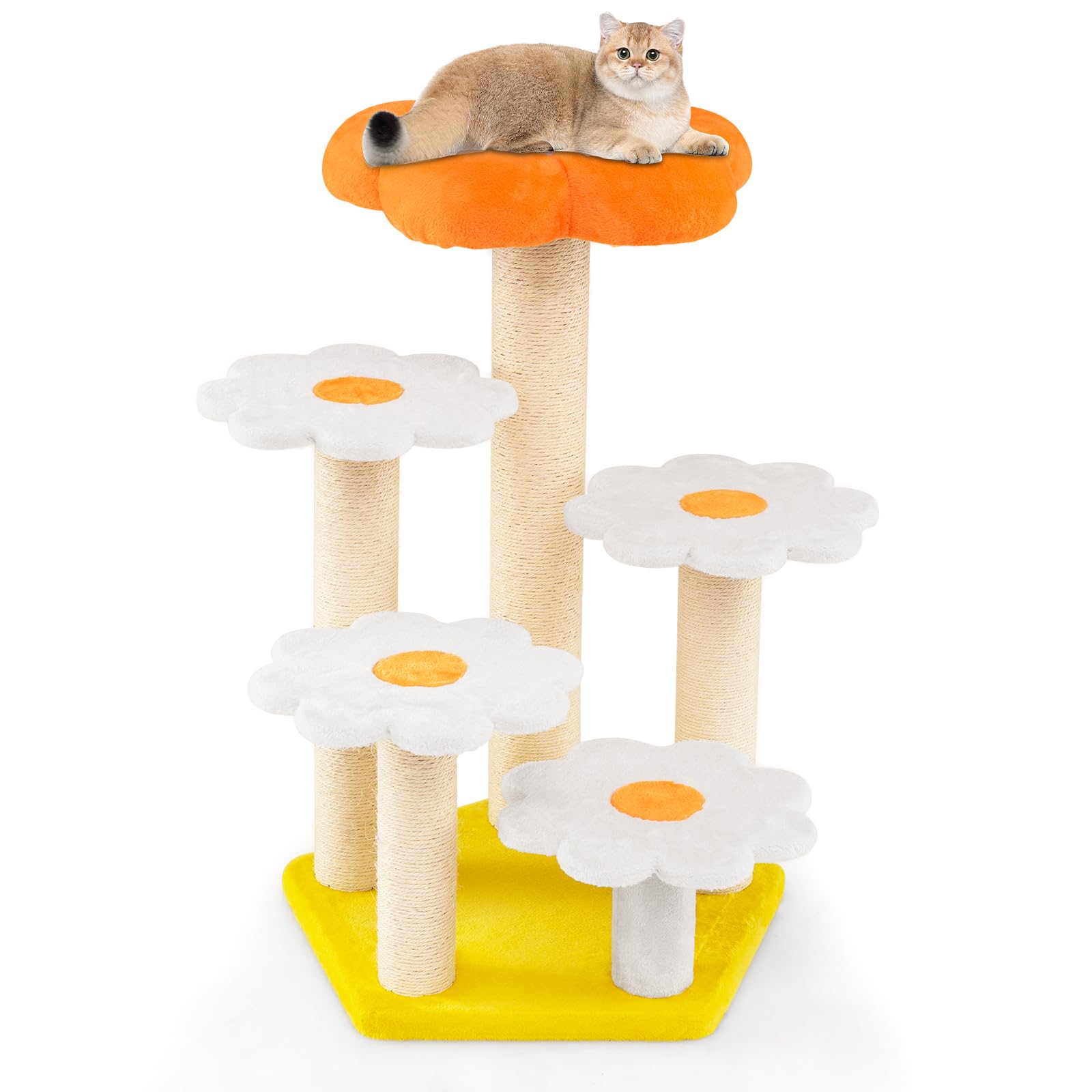 COSTWAY Cat Tree, 90cm Multi-level Cat Tower with Comfy Plush Top Perch Bed, Sisal Scratching Posts & Jumping Platforms, Indoor Cute Flower Kitten Climbing Stand Activity Center
