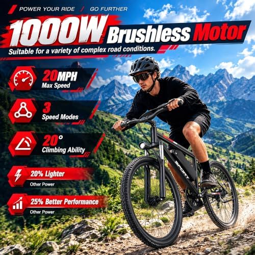WERHY Electric Bike for Adults, 20 MPH Max Speed Ebike, 1000W Peak Motor, 26" Electric Bicycles, Max 35 Miles Range (Pedal Assist Mode), Off-Road Electric Bicycles for Adult &Teens image 4