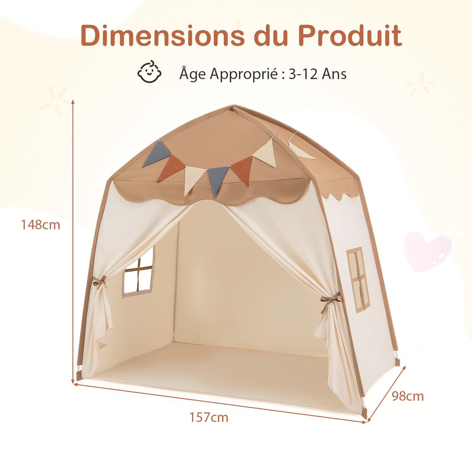 COSTWAY Tente de Jeux Enfant avec Guirlandes Lumineuses & Drapeaux, Cabane Enfant Interieure avec Fenêtres & Tissu Lavable, Style Princesse pour 3 Enfants de 3-12 Ans, 157x98x148cm (Beige + Café)