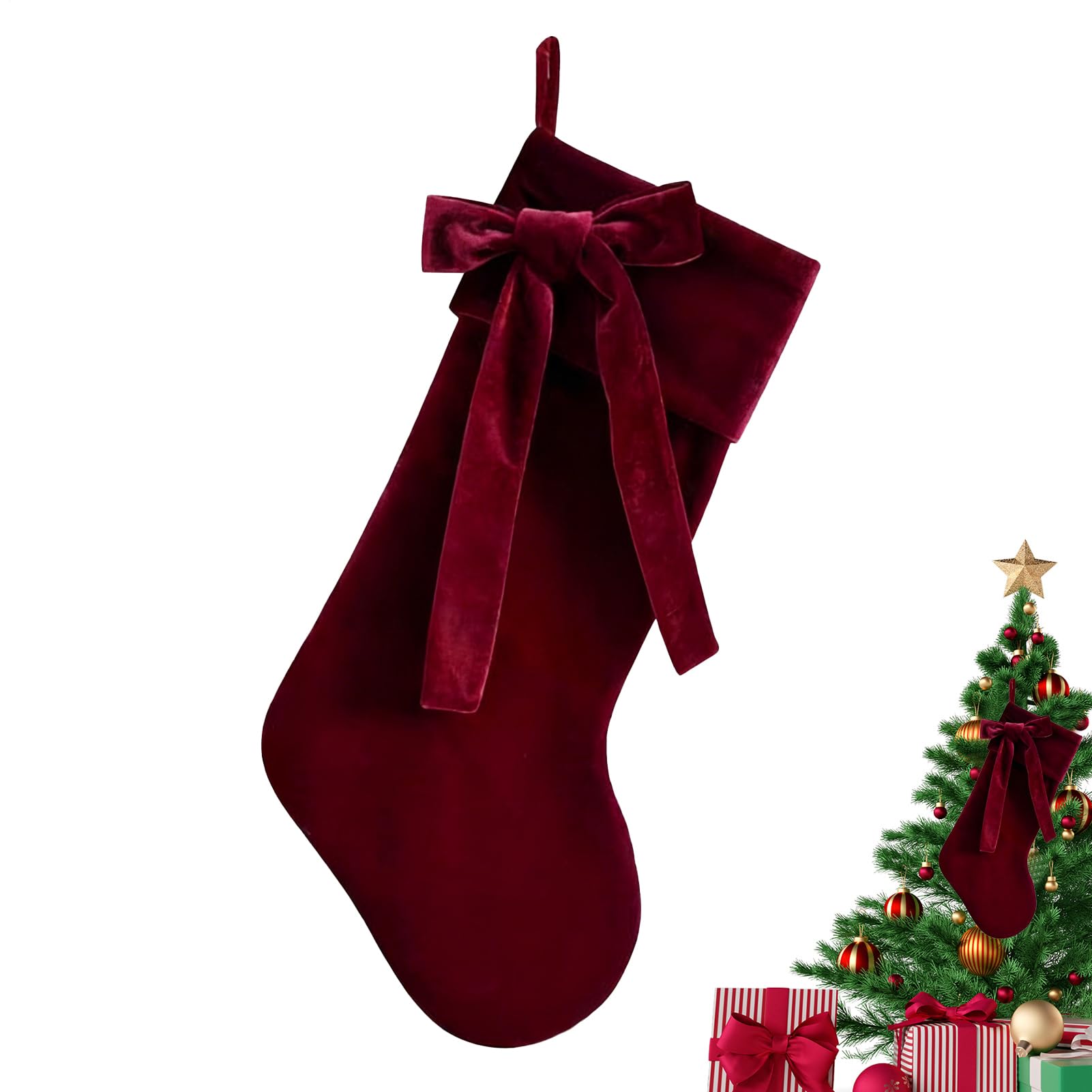 Christmas Stockings Velvet Decoration, 25x48cm, Thick Christmas Stockings With Bow Decorations - Vintage Personalised, Burgundy Christmass Stockingss Hanging Ornament For Tree, For Candy Gift