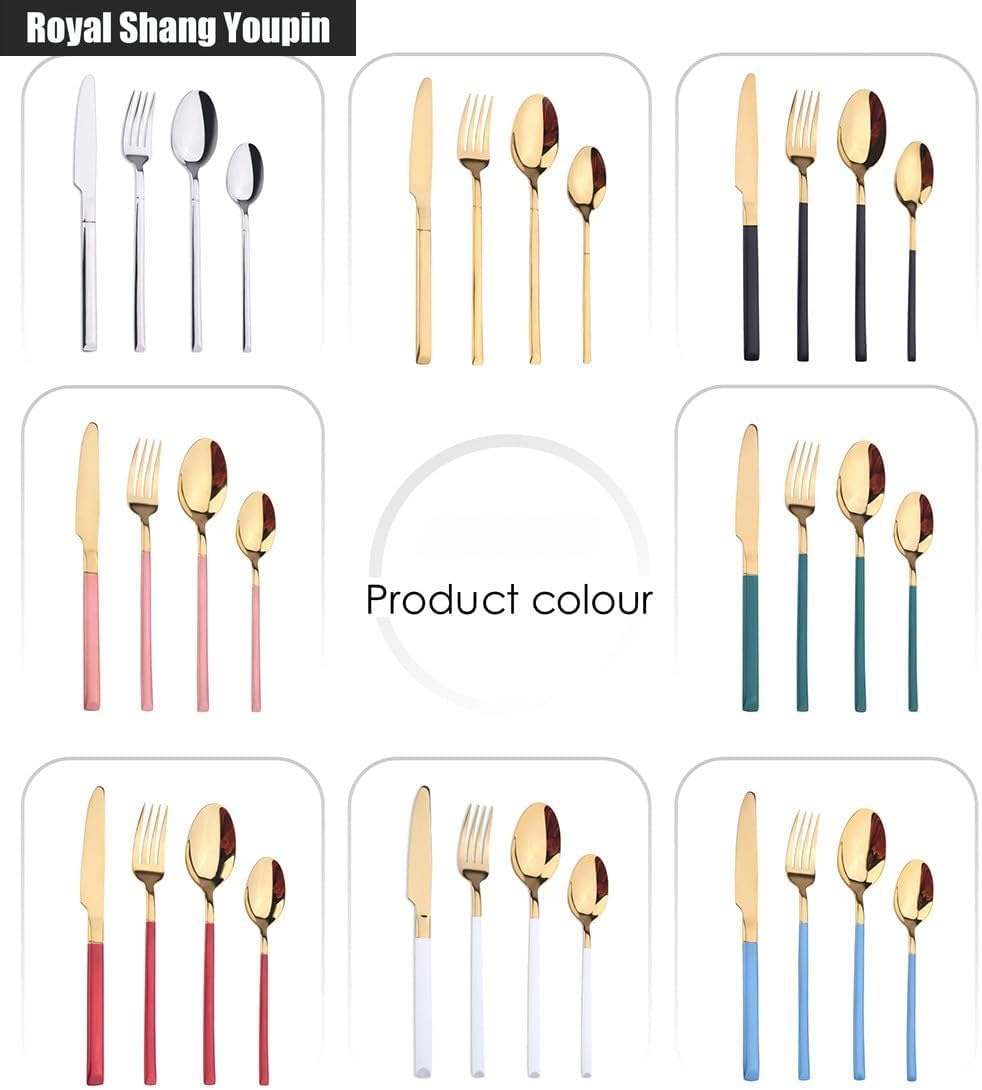 Plating Process Kitchen Stainless Steel Silverware Tableware Flatware Cutlery Knives Forks Spoons Set Home Steak Knife Dessert Spoon (Green,16 pieces)