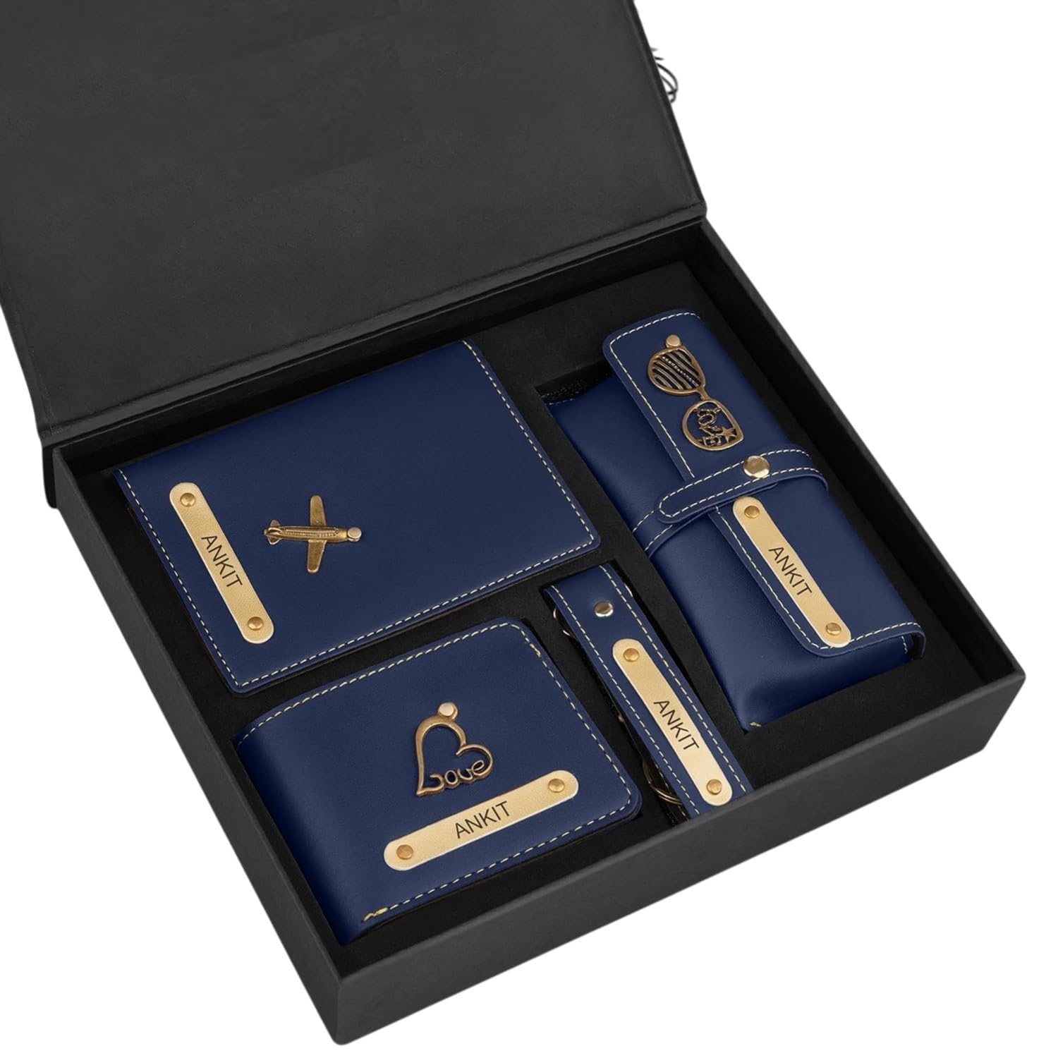 personalised complete combo for men | wallet, passport cover, eyewear case & keychain set with name & charm | premium gift box for birthday, anniversary & special occasions (brown)
