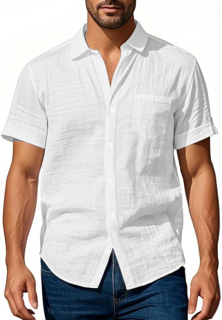 Scapodo Men's Linen Shirt - Short Sleeve Button Down Collar Solid Casual Shirts with Pocket for Vacation Business