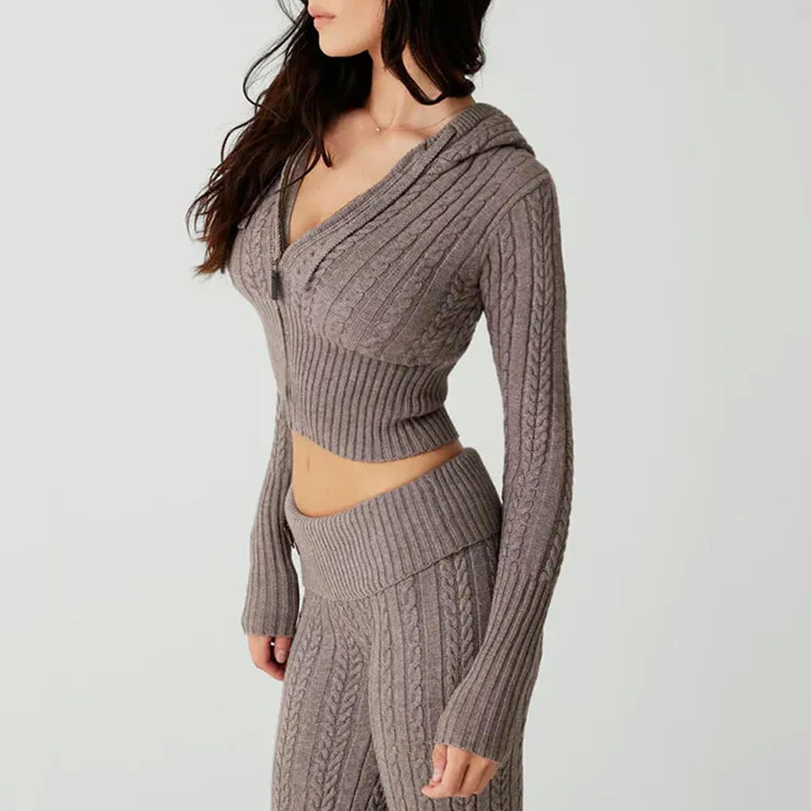 Y2K Cardigan Grigio Moda da Donna con Bottoni e Cerniera, Maglione Corto a ma Lunghe, Maglieria, Pantaloncini, Set di Pantaloni Invernali BS