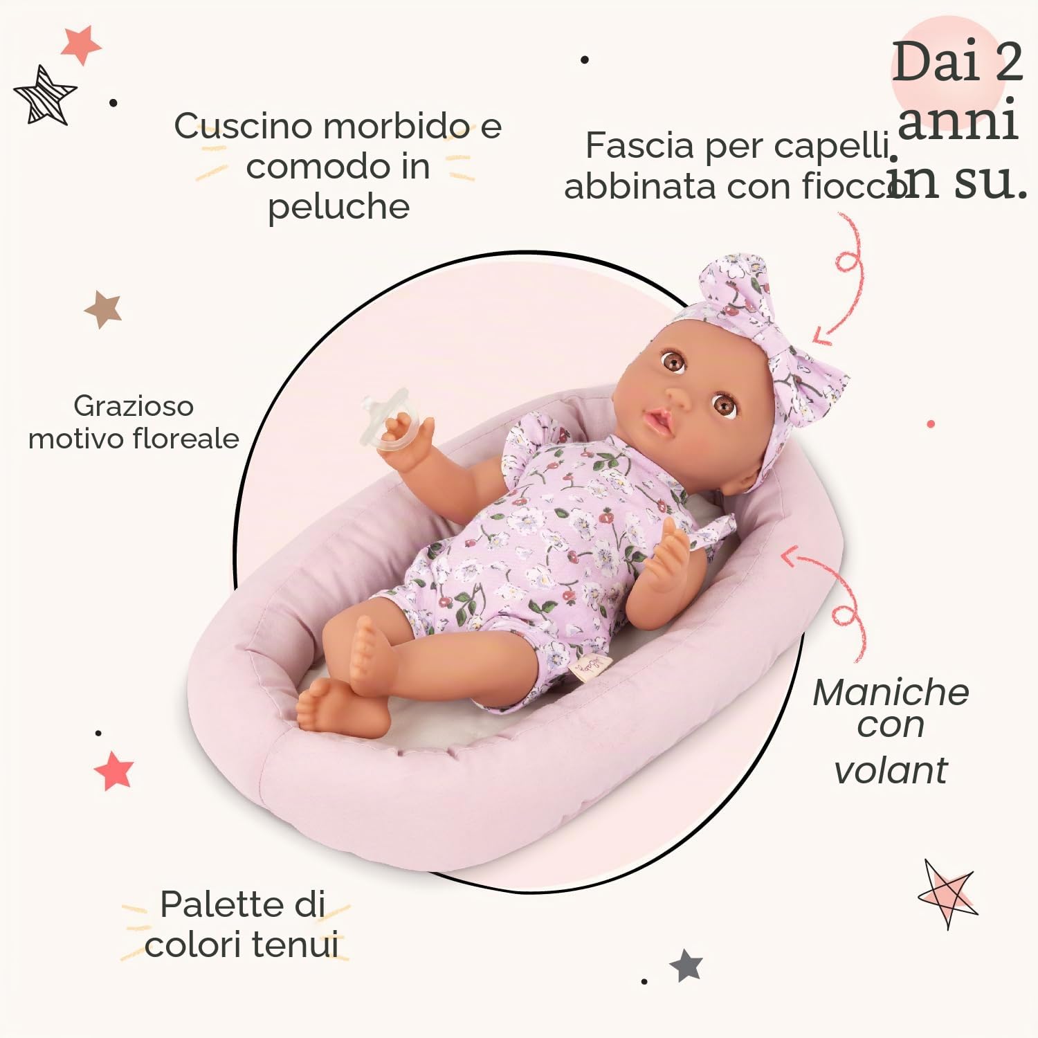 LullaBaby - Set di Bambole e Cuscini da Terra - Bambola realistica da 36 cm - Occhi Marroni e Corpo Morbido - Abbigliamento per Bambole con traversina Floreale, Fascia e succhietto - Bambini 2 Anni +