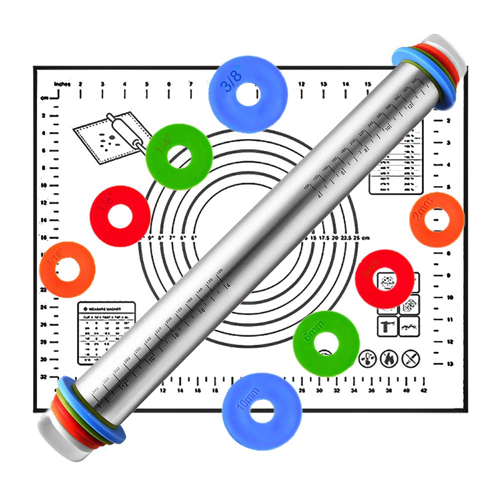 Lomanda Adjustable Rolling Pin Pastry Pad Set, Stainless Steel Roller Baking with 4 Removable Thickness Rings, for Baking Dough Pizza Pie Pastries Pasta Cookies Black 6479