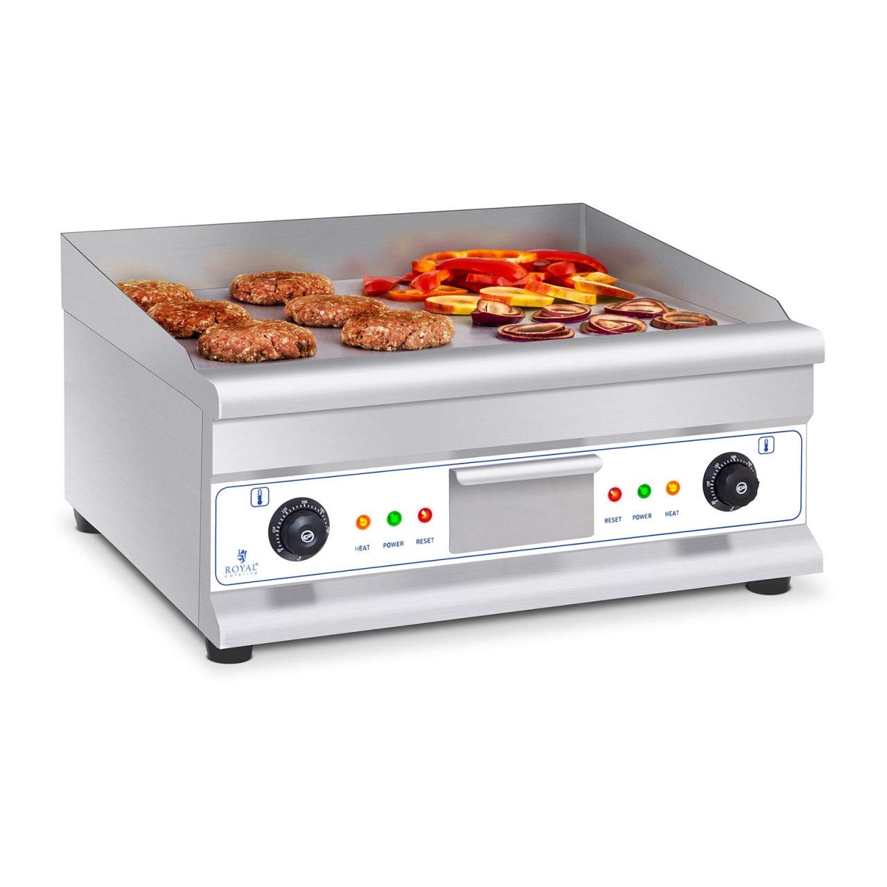 Royal Catering RCG 60H2 grill elektryczny, podwójna płyta grillowa (długość: 60 cm, 2 x 3200 W, gładka powierzchnia grzewcza, 2 strefy grzewcze, ochrona przed pryskaniem i odpływ)