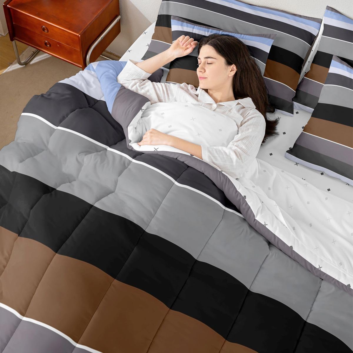 Feelyou Queen Blue Brown Striped Bed in a Bag Boys Girls Black Grey Patchwork 7 Pieces Bedding Set for Kids Geometric Comforter Set Modern,Comforter + Sheets + Pillowcases + Cushion Covers