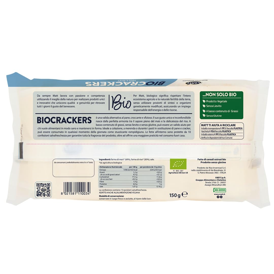 Matt, BioCrackers Mais e Riso, Prodotto Vegetale Senza Glutine, Senza Lievito, a Basso Contenuto di Grassi, Snack Croccante Adatto in Qualsiasi Momento della Giornata, Confezione da 150 g