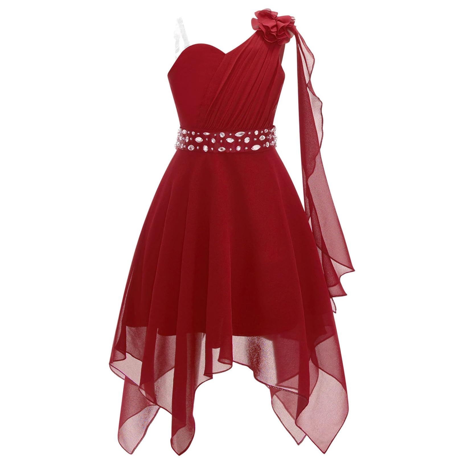 Freebily Vestito da Festa Cerimonia Matrimonio Damigella Bambine Ragazze Monospalla Elegante Abito da Sposa Comunione Battesimo Chiffon Vestito da Principessa Orlo Asimmetrico