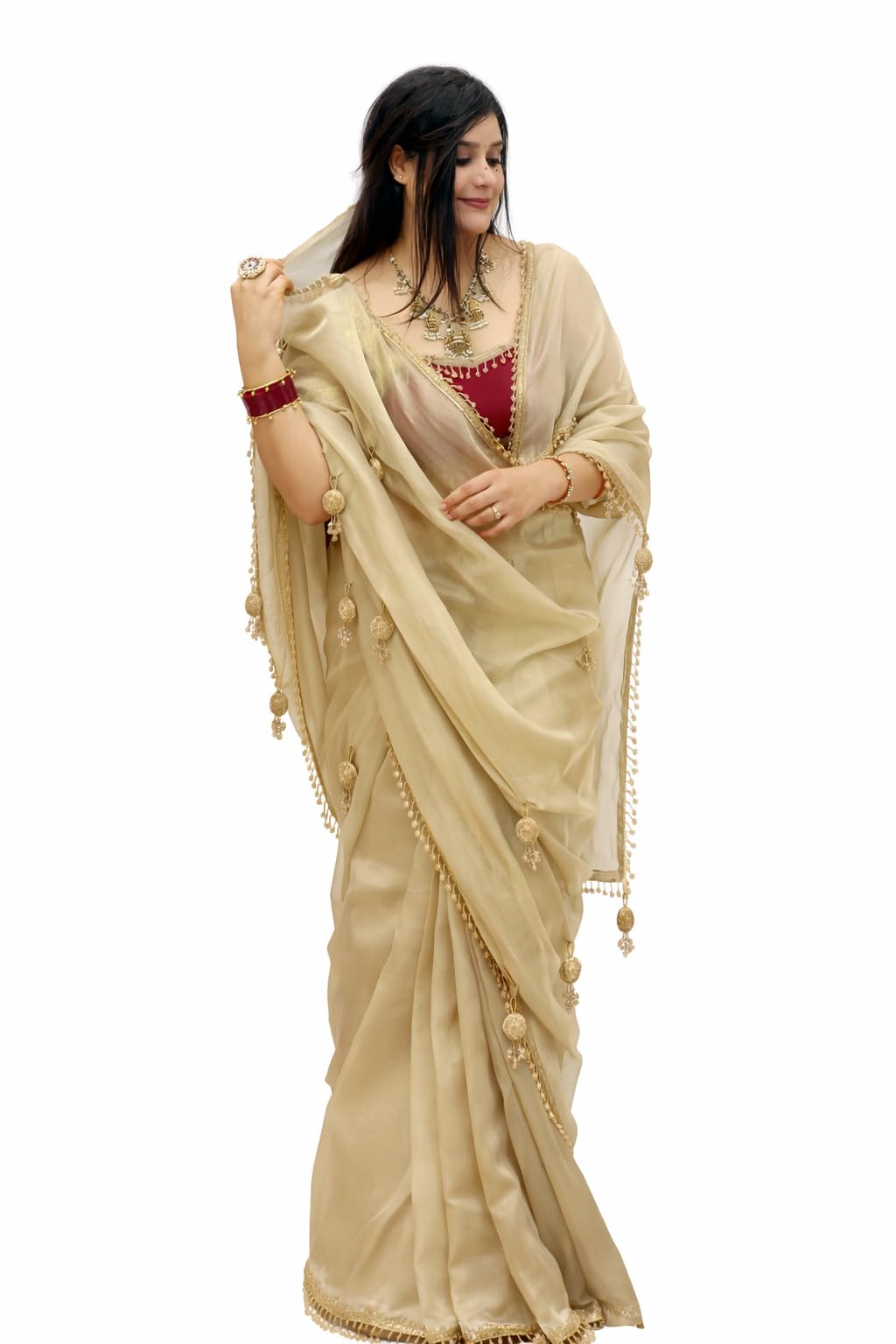 Fandy Satin Saree with Crystal Moti Lace & Handwork Latkan Pallu with Blouse-image-7