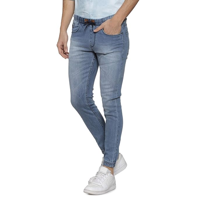 Campus Sutra Men's Light Blue Cinched Hem Denim Jeans for Casual Wear | Light-Wash | 5 Pockets | Drawstring Closure | Cotton Denim Jeans Crafted with Comfort Fit for Everyday Wear