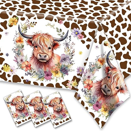 Image of CMUSKO 3Pcs Highland Cow Tablecloths-Brown Cow Print Baby Shower Decorations Western Highland Cow Disposable Rectangular Plastic Table Covers Cow Print Birthday Party Supplies