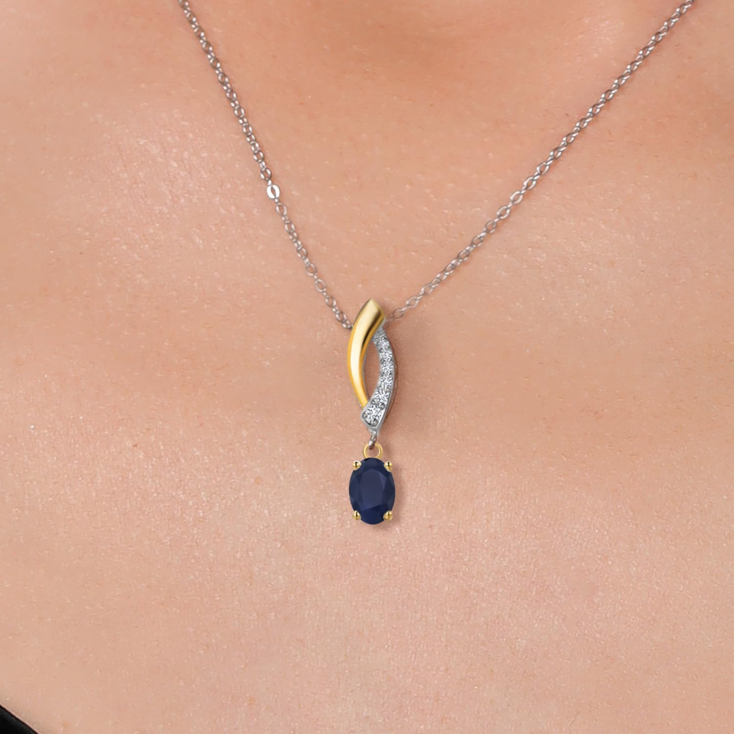 Gem Stone King 925 Silver and 10K Yellow Gold 6X4MM Oval Gemstone Birthstone and White Lab Grown Diamond Pendant Necklace | Two-Tone Necklace for Women | With 18 Inch Chain