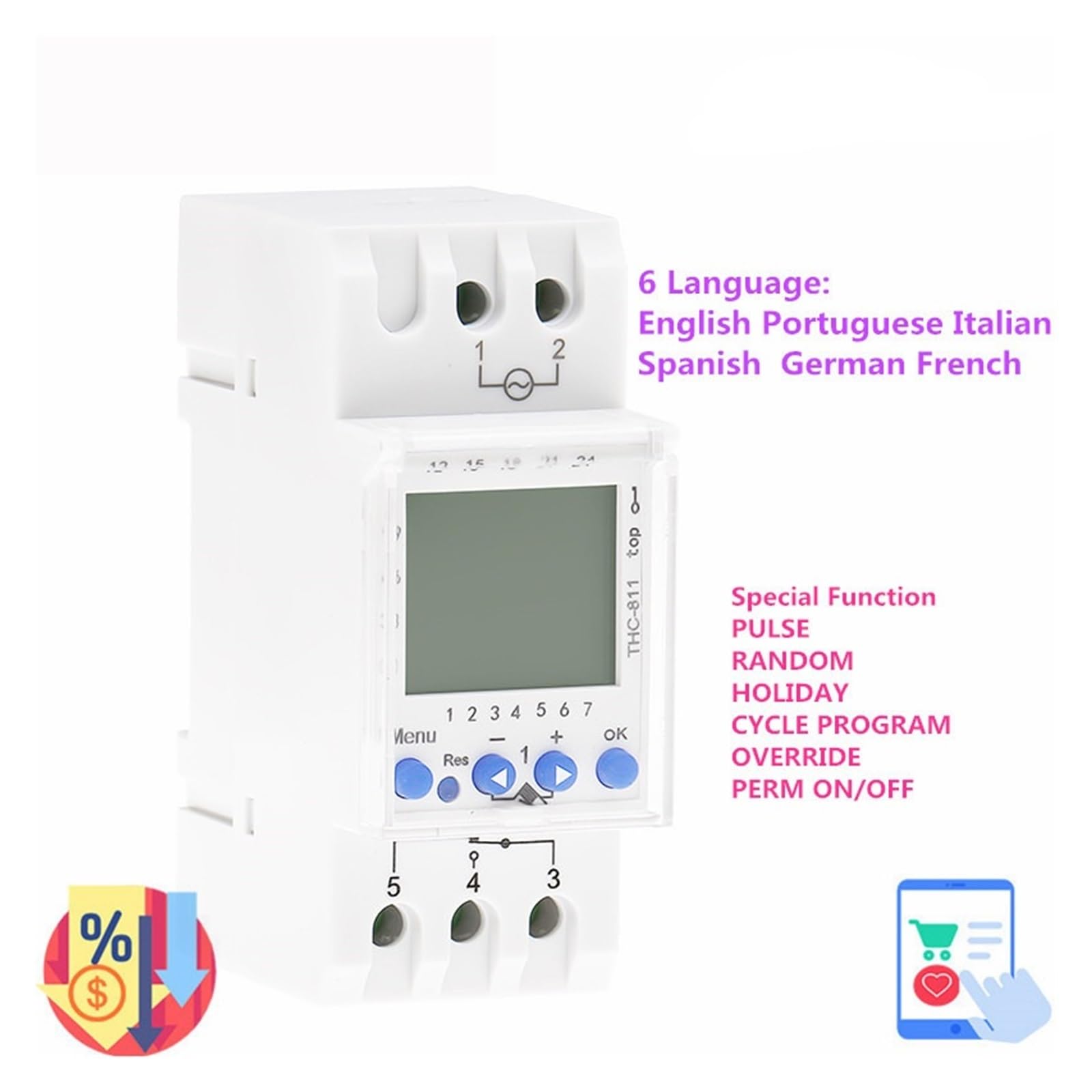 THC-811 Schienenmontierte 24 Stunden Digitale Zeitschaltuhr mit 6 Sprachen Wochentimer Urlaub 16A 220V