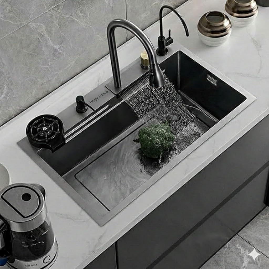 HAPPY HOMES HAPPY HOMES 304 Stainless Steel Kitchen Sink 24X18X9 Honeycomb Matte Finish Kitchen Sink With Integrated Waterfall & Pull Down Faucet| Fruit Basket With Complete Accessories |HEAVY Model|