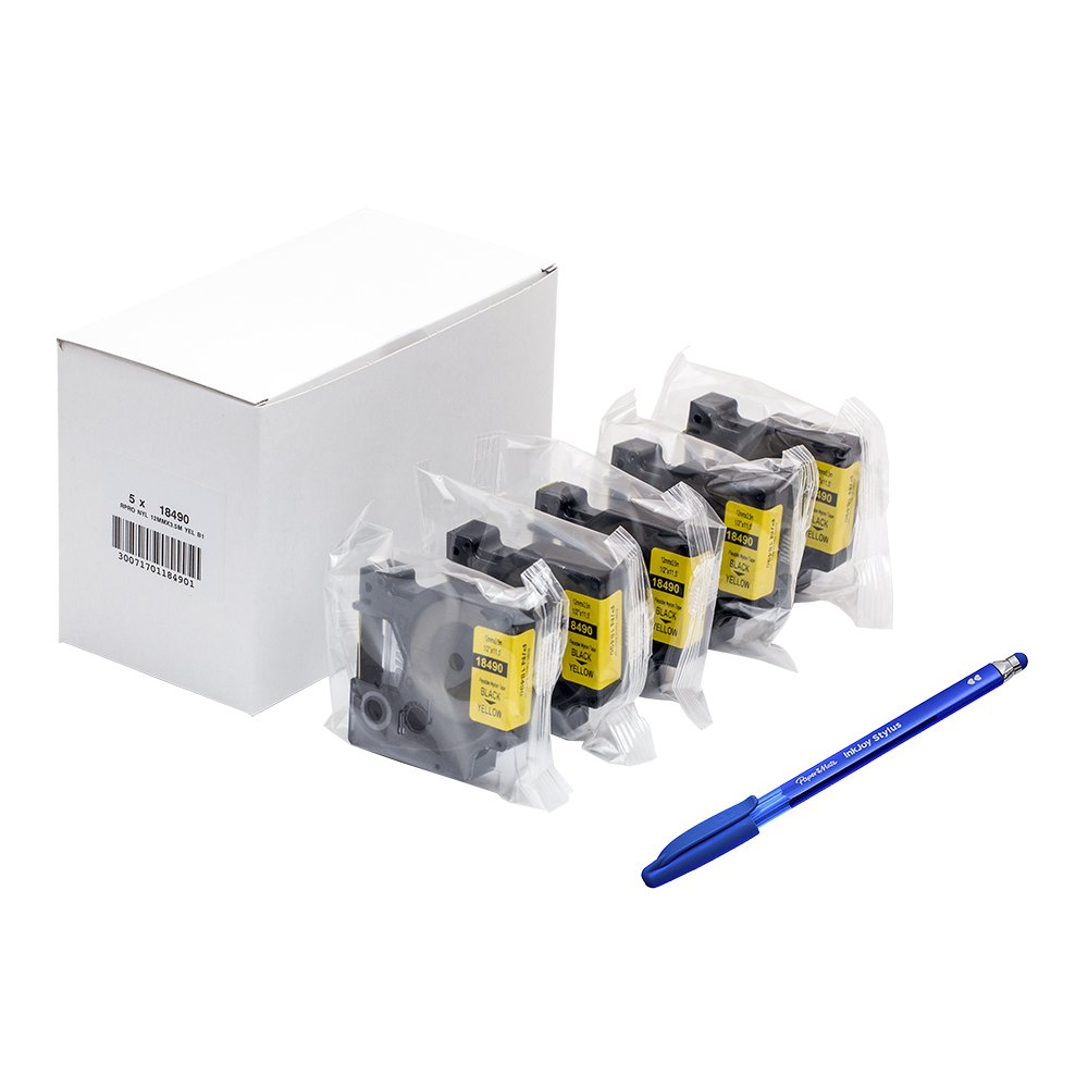 Dymo 18490 Rhino Industrieletiketten, flexibel, Nylon, 12 mm x 3,5 m, Schwarz auf Gelb, 5 Stück