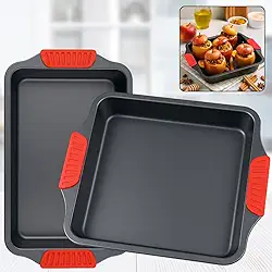ELARO Kit 2 Assadeira Antiaderente - Aço Carbono Rerforçado com Teflon- Com Pegada De Silicone - Travessa Grande e Funda - Jogo De Forma Retangular Antiaderente - Para Forno - Bolo, Lasanha e Assados
