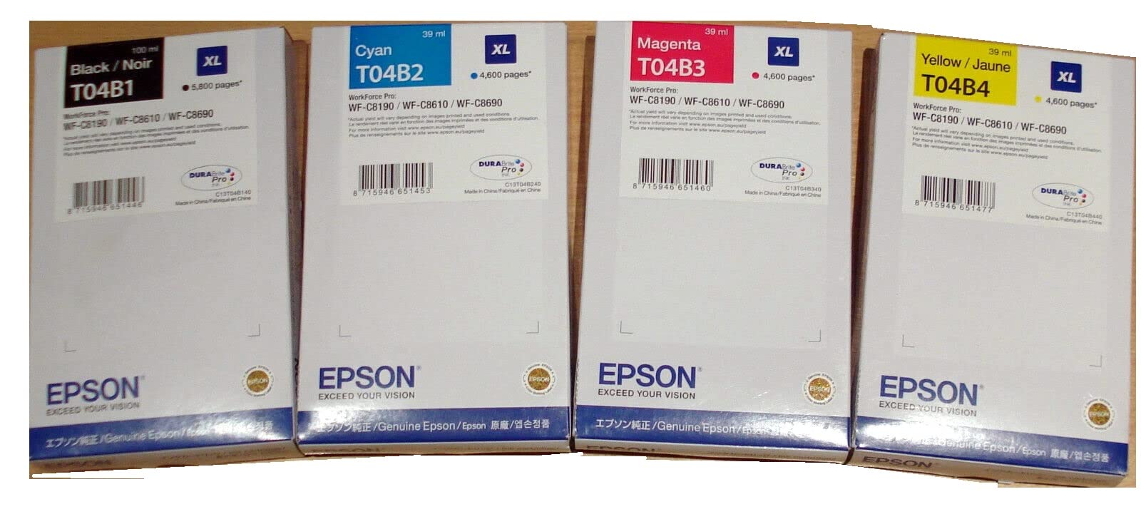 Epson Cartucce d'inchiostro originali T04B1 T04B2 T04B3 T04B4 XL Multipack Nero, Ciano, Magenta, Giallo per Workforce-Pro WF-C8190, WF-C8610, WF-C8690 C13T04B140 C13T04B240