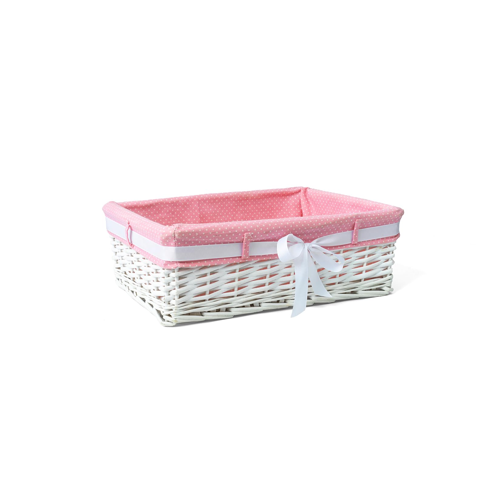 Woodluv White Large Rectangular Willow Wicker Hamper Storage Basket-With Pink Dot Linning (Gift Hamper Basket)