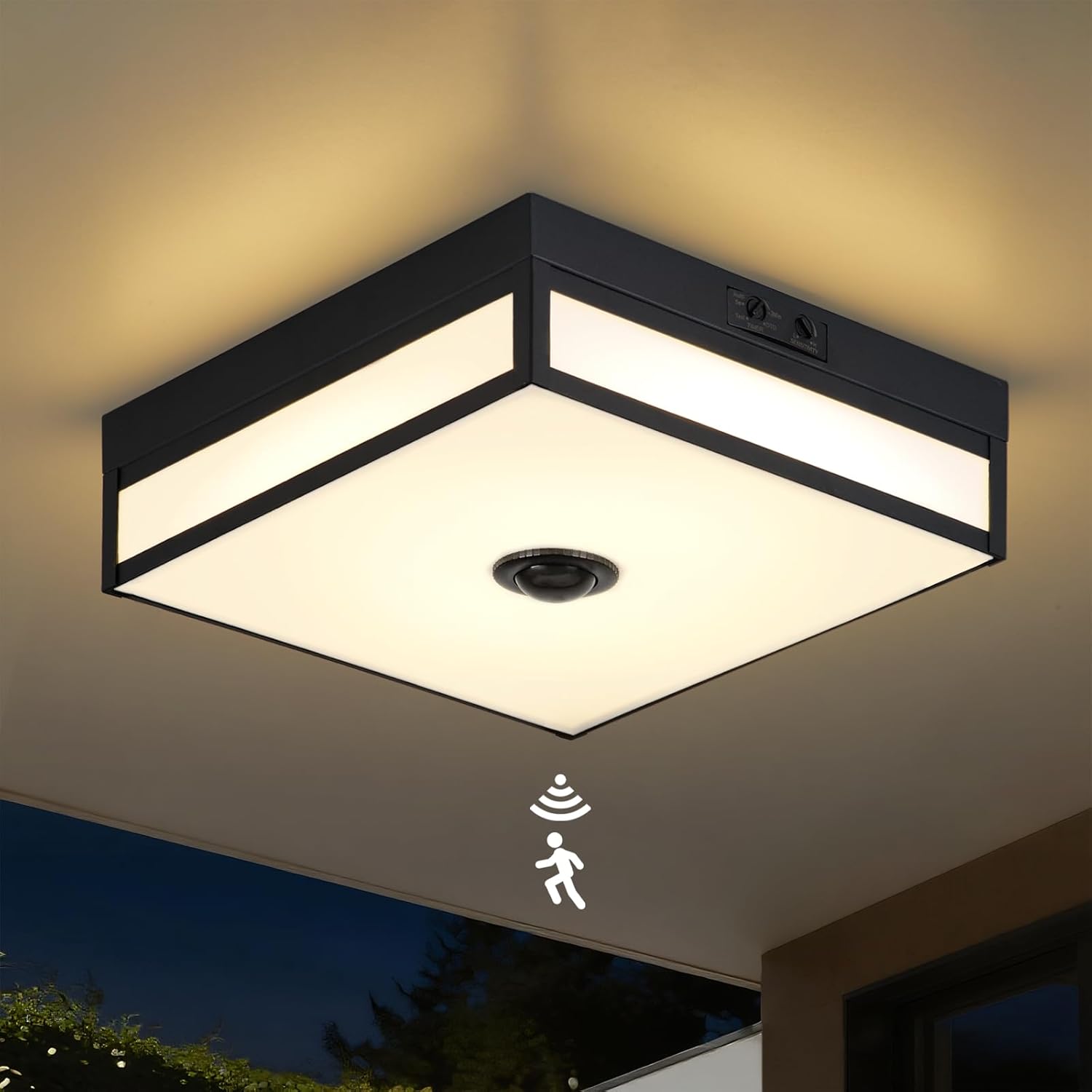 Motion Sensor Outdoor Light, Flush Mount Ceiling Fixture with 24W LED, Dusk to Dawn, Adjustable 3CCT, Black Exterior with Acrylic Diffuser, for Porch, Garage, Entryway, Patio Lighting