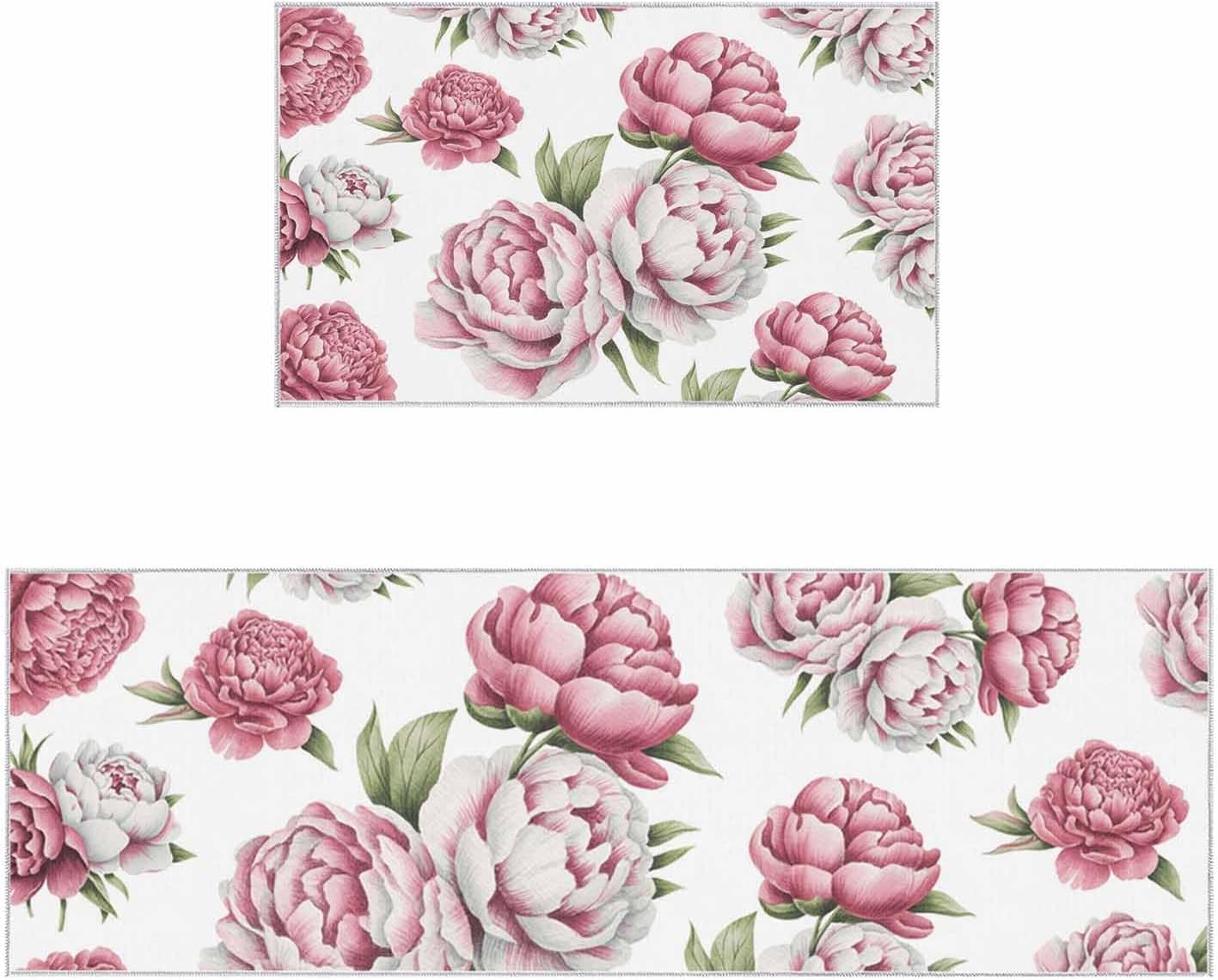 Z&L Home Watercolor Natural Art Flowers Green Leaves Kitchen Rug Sets 2 Piece Floor Mat Non-Slip Rubber Backing Area Runners Door Mats, Retro Floral Indoor Washable Carpet