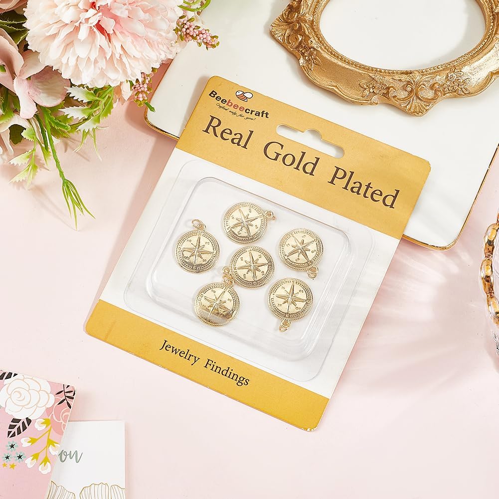 Beebeecraft 1 Box 6Pcs Compass Charms 18K Gold Plated Brass Round Compass Pendant Charms with Jump Ring for Jewelry Making Necklace Keychain - Image 7