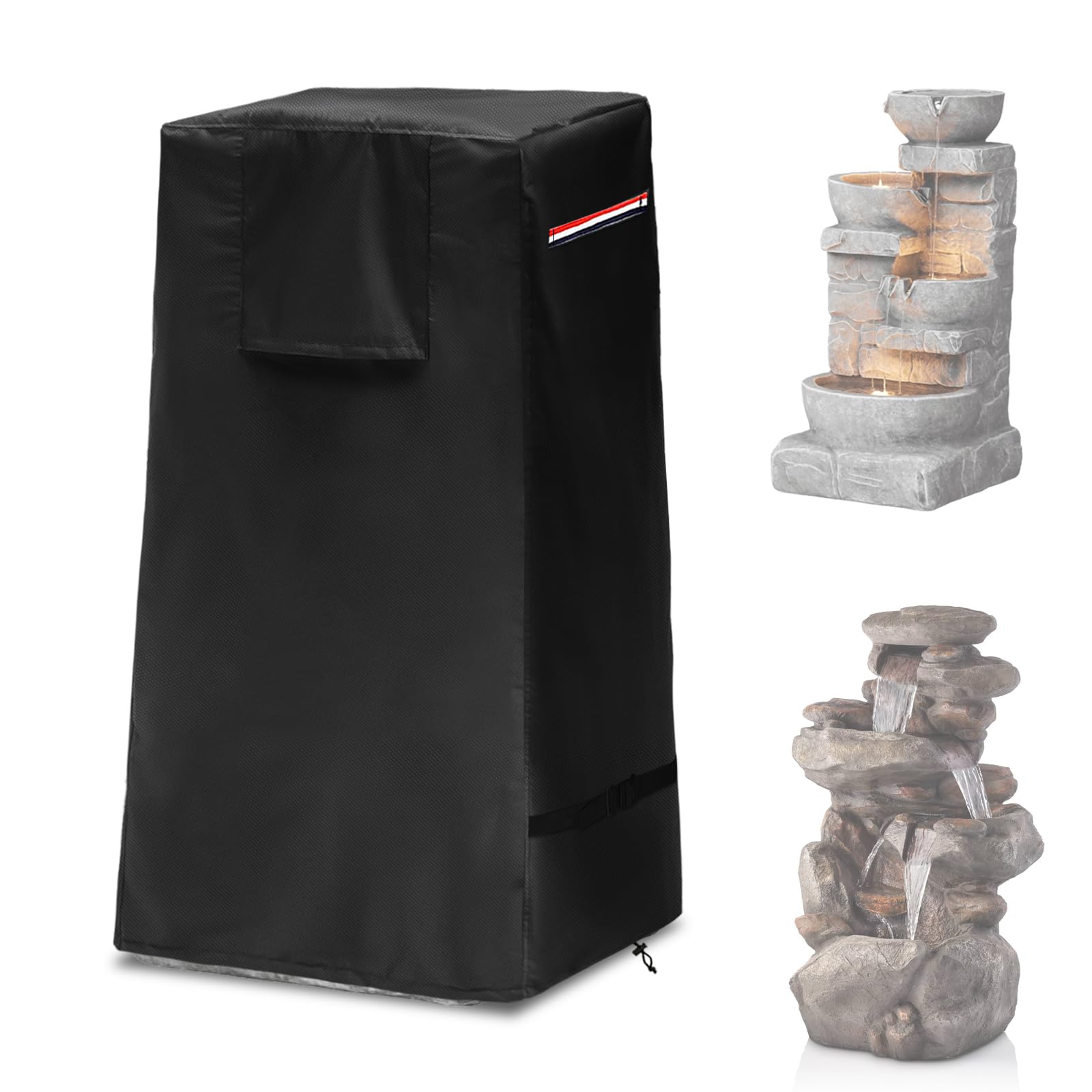 Garden Fountain Cover,Outdoor Heavy Duty Waterproof Dustproof Winter Cover for Cascading Bowls and Stacked Stones Water Fountain with Zipper and Drawstring.(Black,18.5