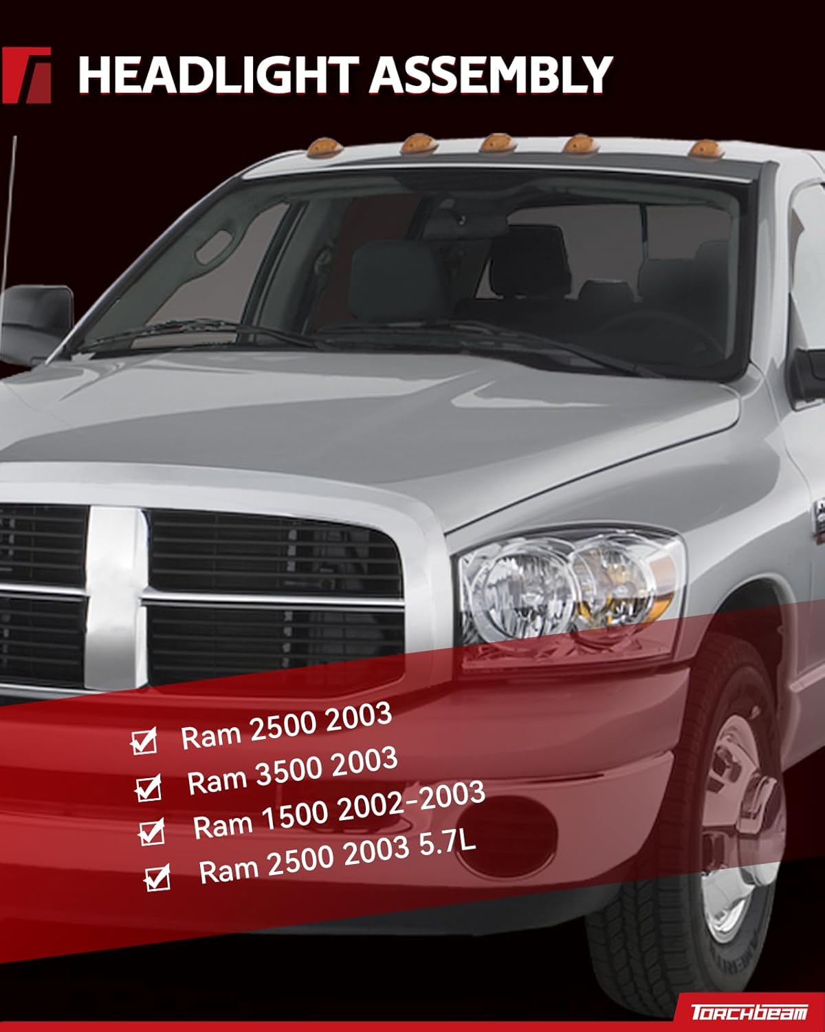 Torchbeam Headlight Assembly, Compatible with Ram1500 2002-2003, Ram2500 3500 2003, Bumper Headlamp Black Housing Clear Reflector