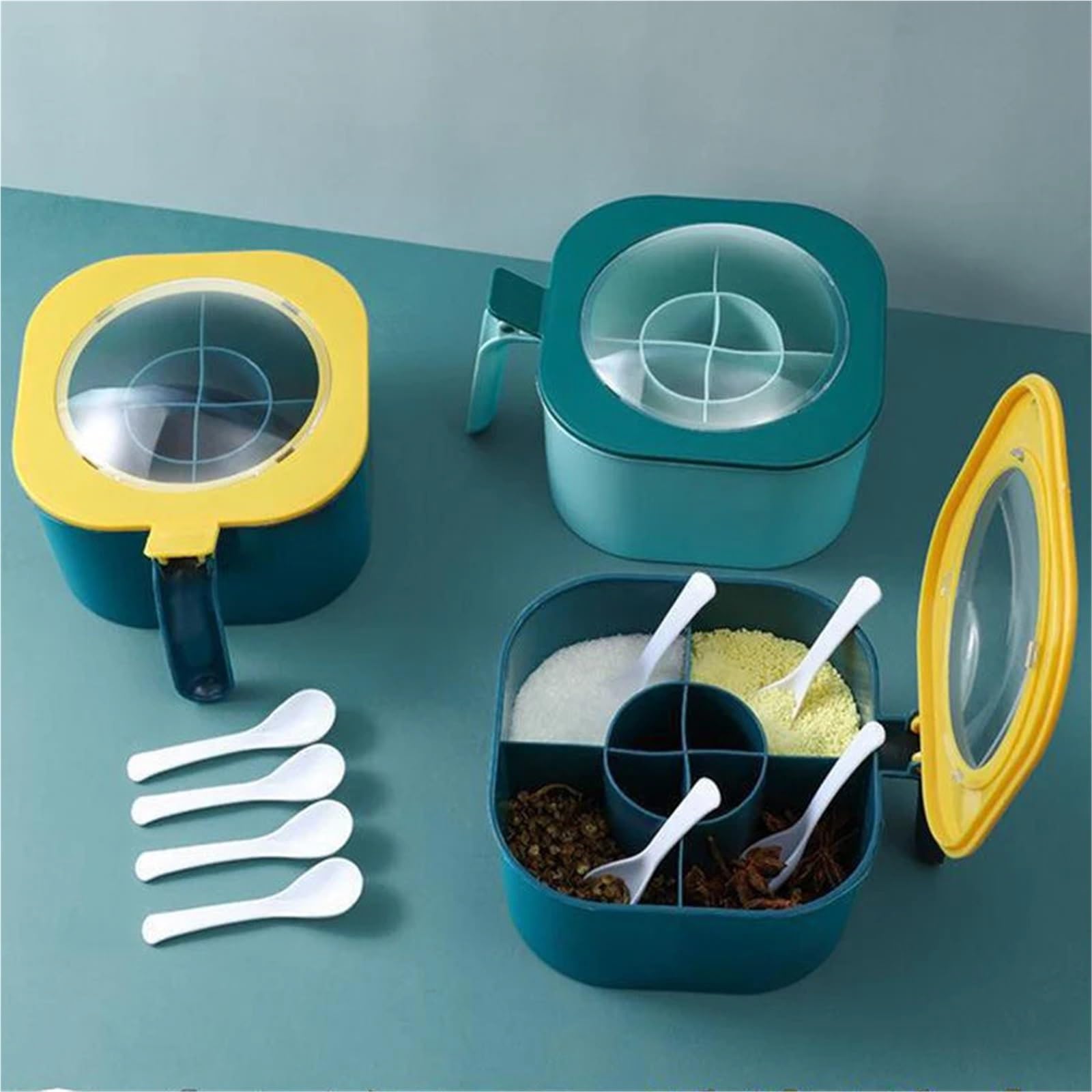 Scatola Di Condimento Scatola for condimenti con cucchiaio Barattolo for spezie Multi scomparto Sale Pepe Barattoli for spezie Pentole Accessori da cucina Contenitore for condimenti Per la Cucina(Blue