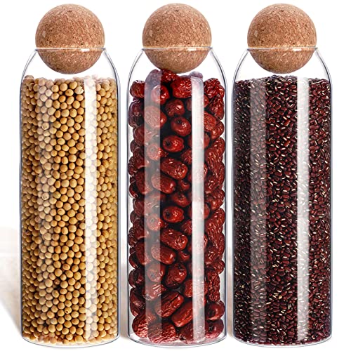 3 Pcs Glass Jar with Ball Cork Lid Decorative Round Bottle Sealed Canister Jar Storage Container Organizer with Airtight Seal Wooden Lid for Food Coffee Bean Candy Biscuits Spice(1300 ML/ 44 Oz)