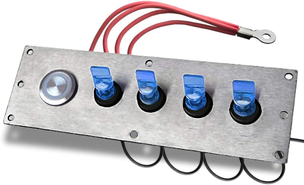 MGI SpeedWare 4 Gang Ignition Panel, 12vDC Blue LED Push Button, Lighted Duckbill Switches (Blue)