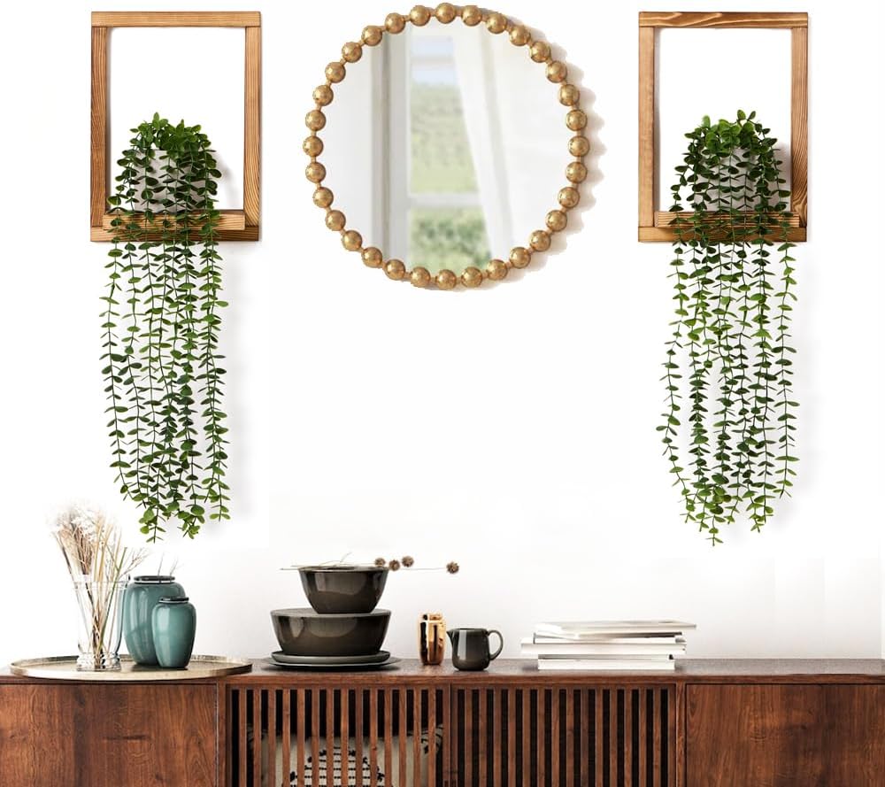 2 Pack Wooden Shelves with Fake Hanging Plants for Wall Decor, Modern Farmhouse Wood Wall Art for Living Room, Bedroom, Bathroom
