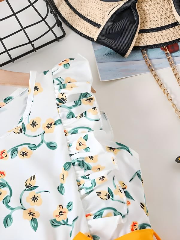 Image of Niren Enterprise Girl's Floral Pattern Rayon Frock Dress with Cap Sleeve Round Neck Knee Length and A-Line Pull On Closure Type