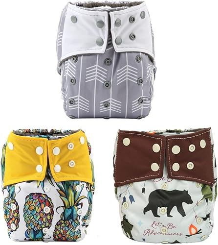 3 AIll in One Night AIO - Pañales de tela integrados en carbón de bambú, reutilizables, lavables, (paquete de flechas y piña)