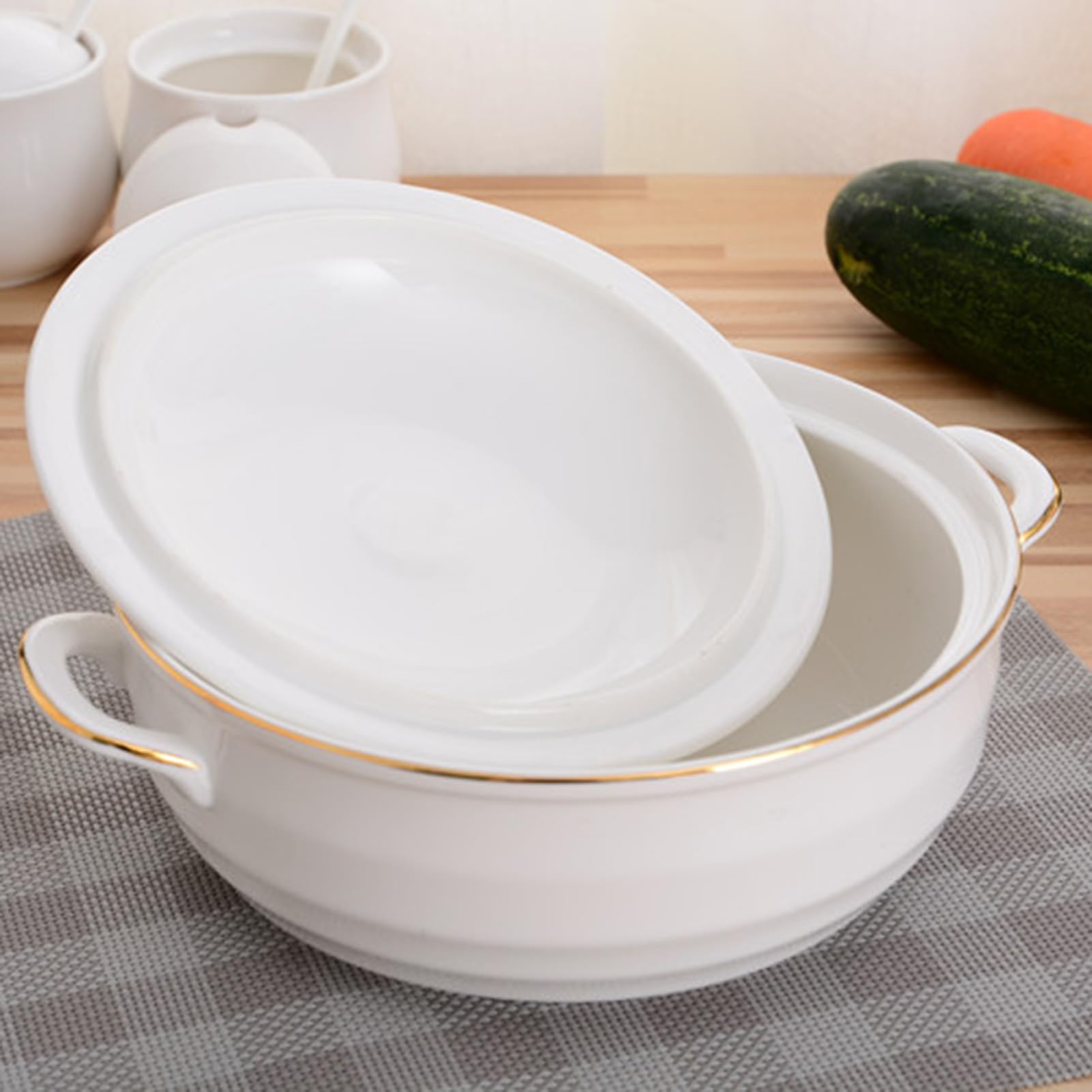 ceramiczny garnek do duszenia, Małe miedziane rondle, waza do zupy, biała porcelana, zestaw z pokrywką i chochlą, okrągły(White)